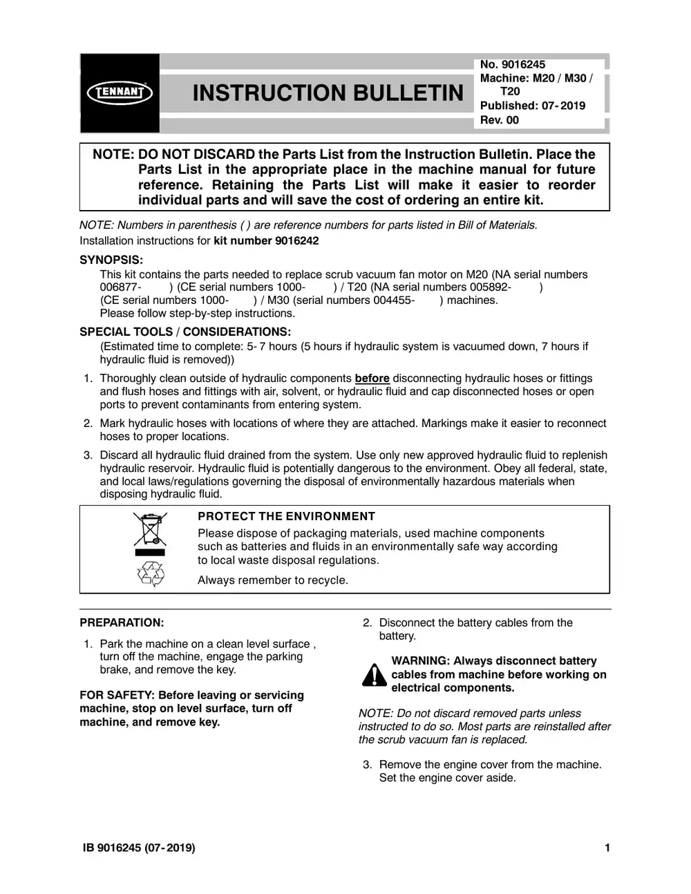 Tennant M20 instruction bulletin 9016245, page 1 of 8