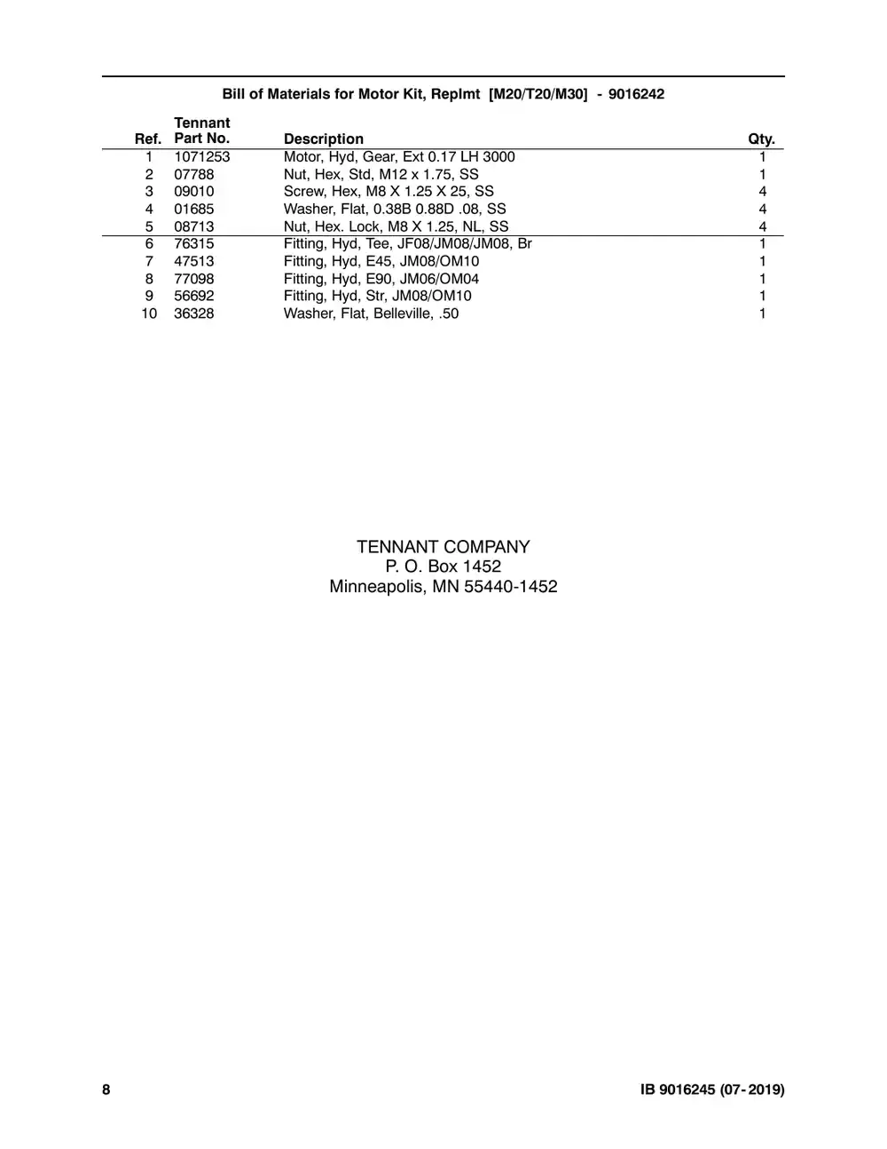 Tennant M20 instruction bulletin 9016245, page 8 of 8