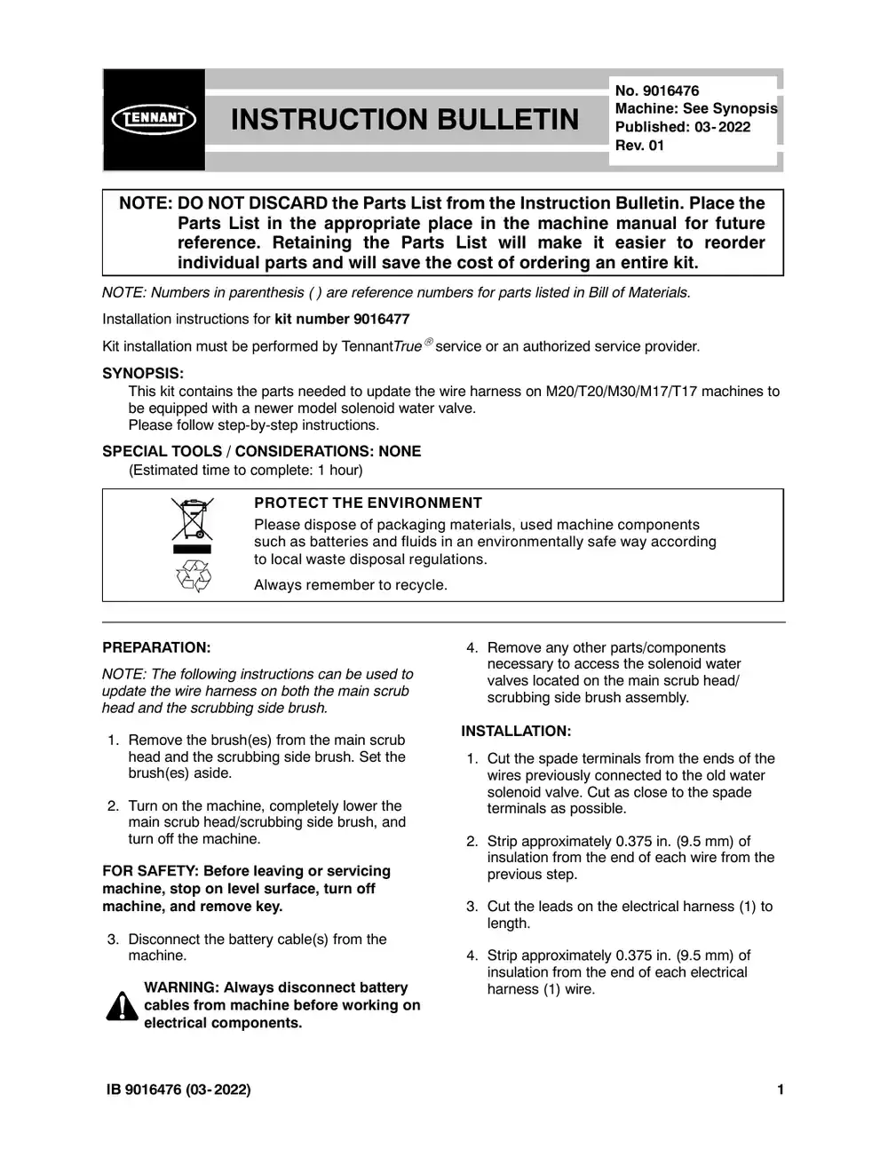 Tennant M20 instruction bulletin 9016476, page 1 of 7
