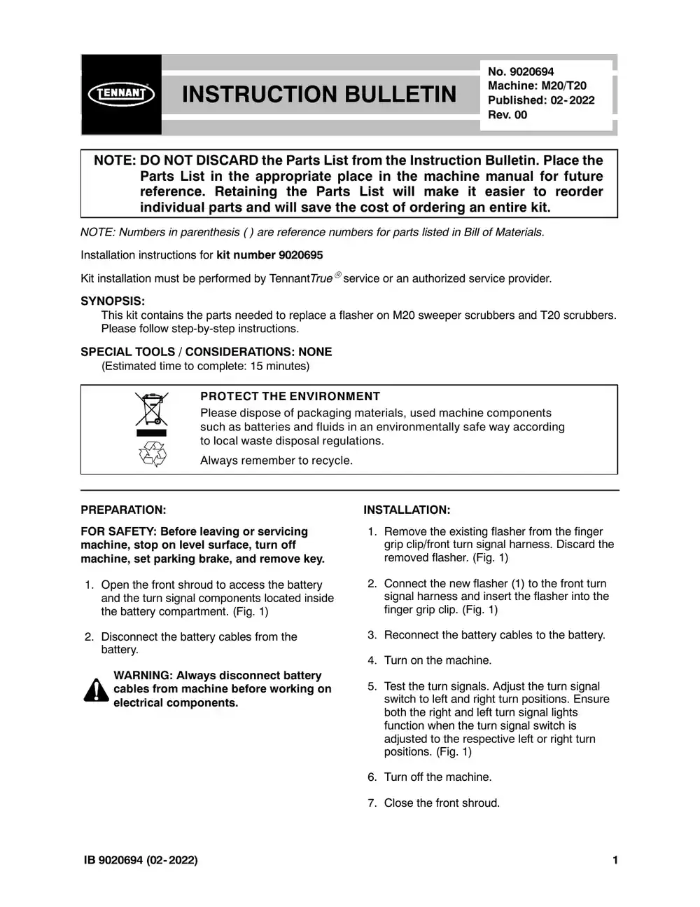 Tennant M20 instruction bulletin 9020694, page 1 of 2