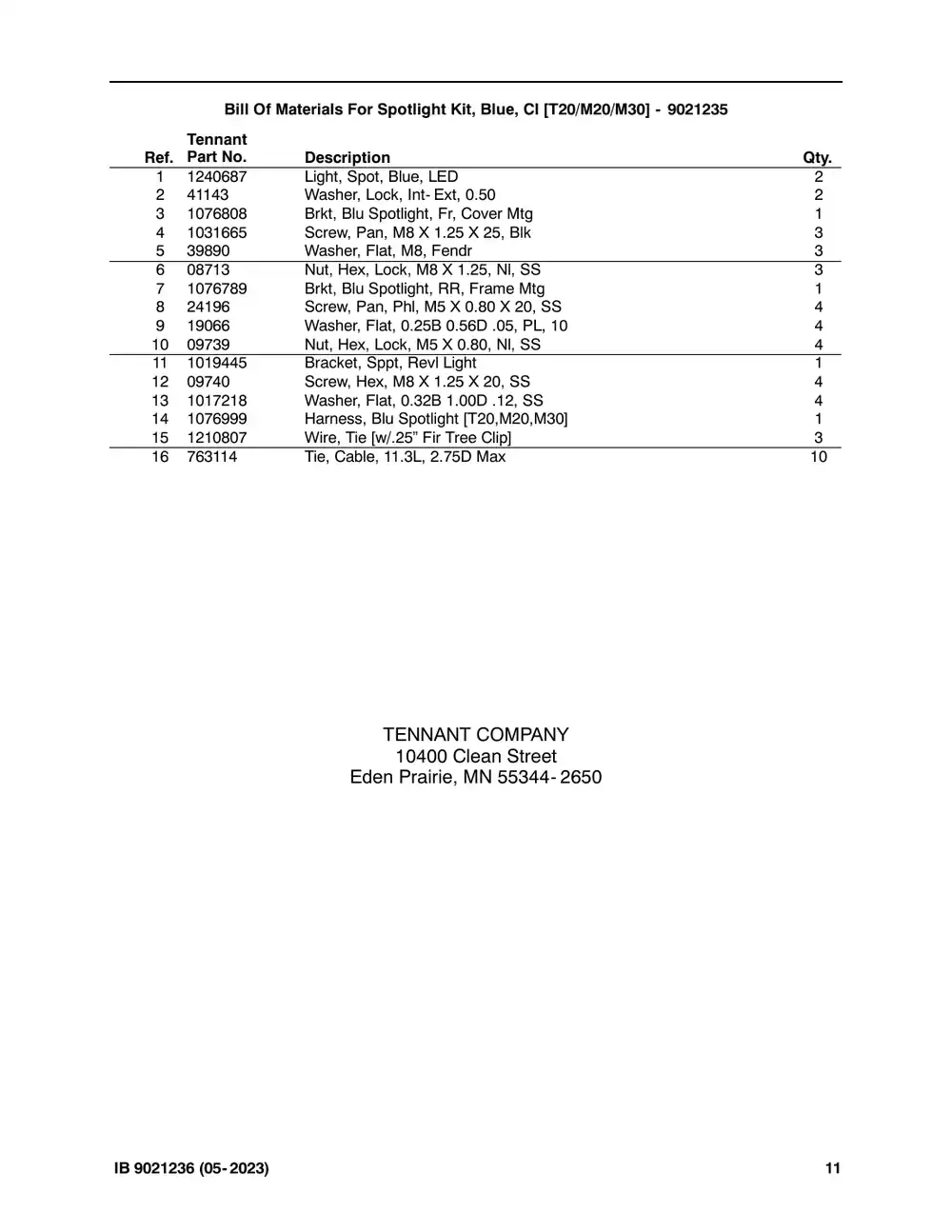 Tennant M20 instruction bulletin 9021236, page 11 of 11