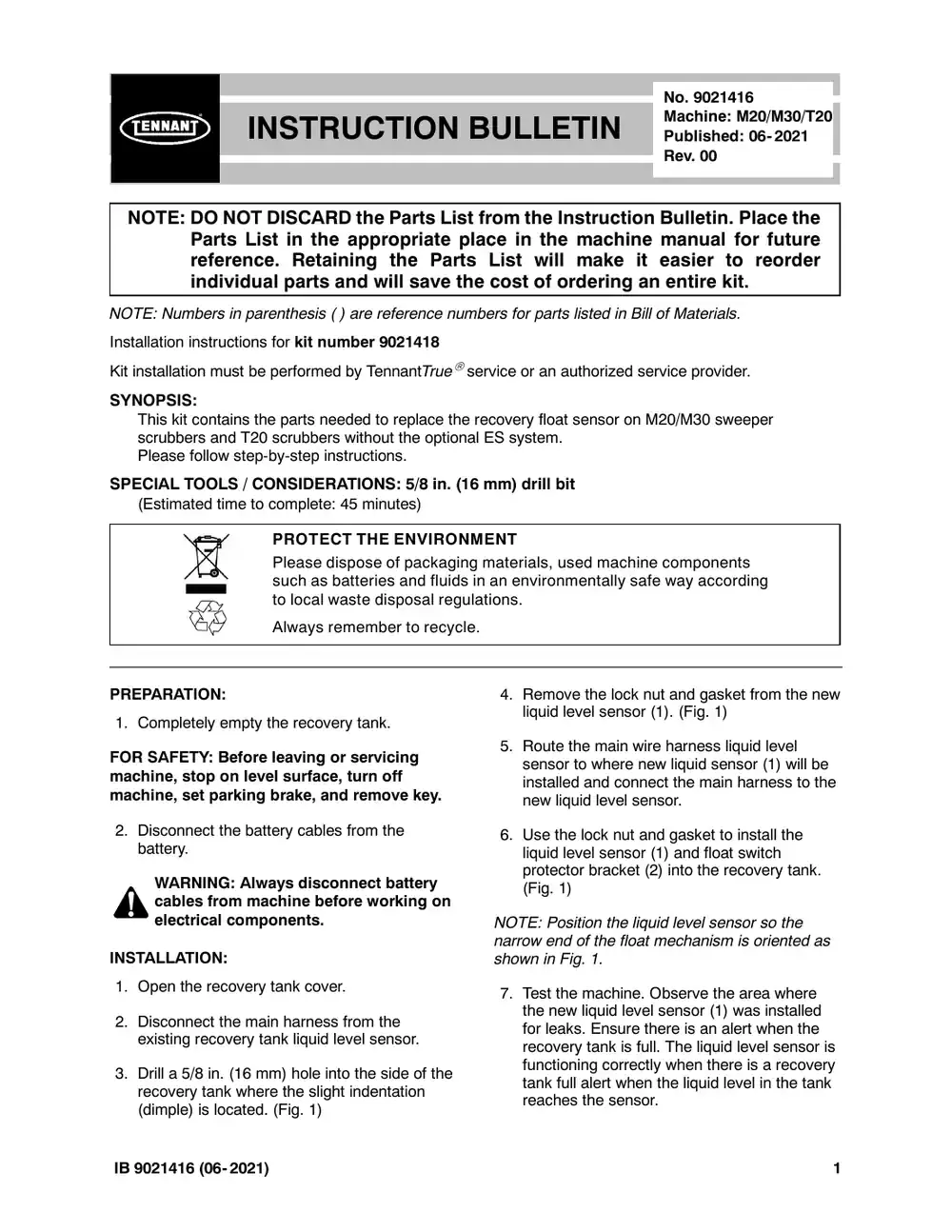 Tennant M20 instruction bulletin 9021416, page 1 of 2