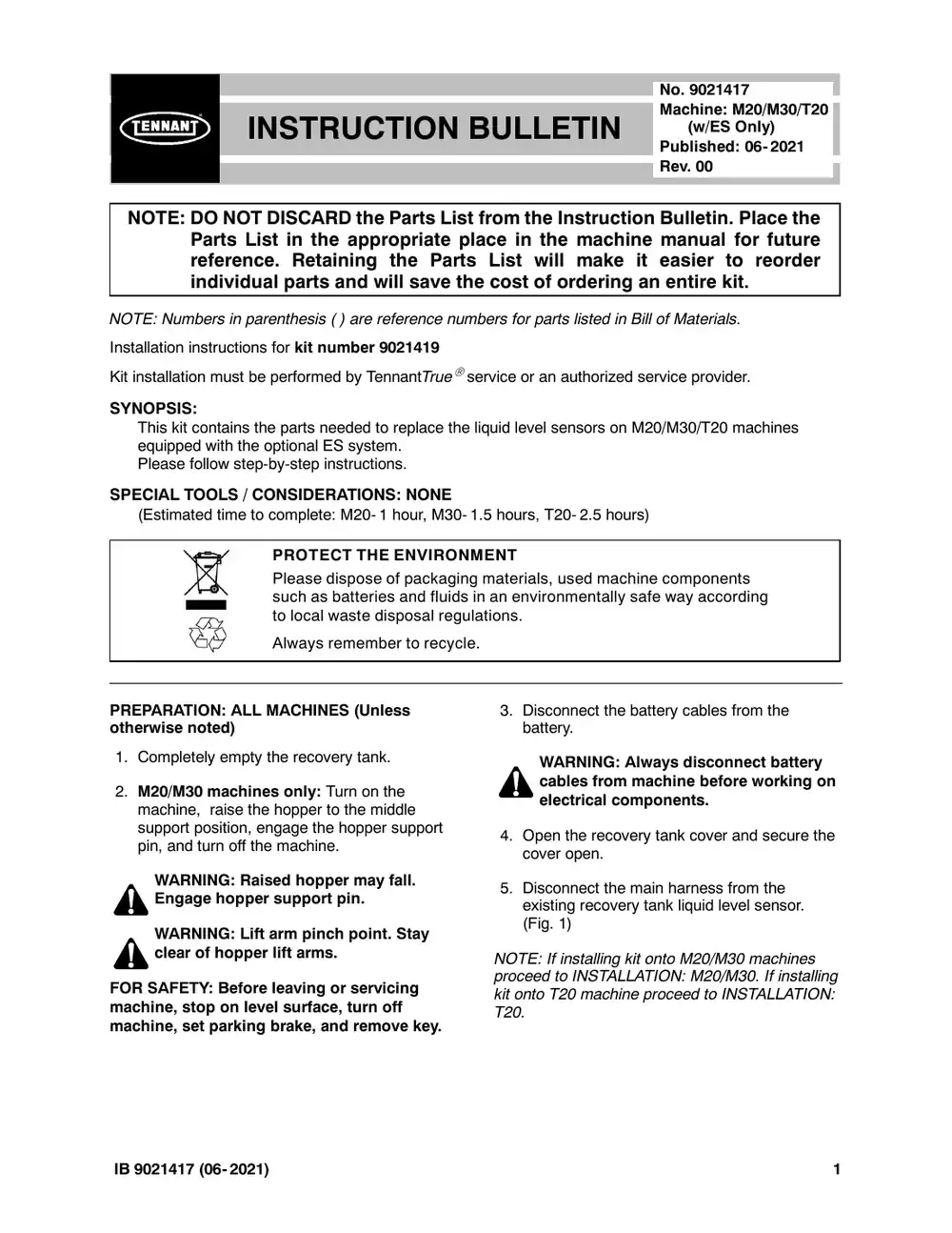Tennant M20 instruction bulletin 9021417, page 1 of 7