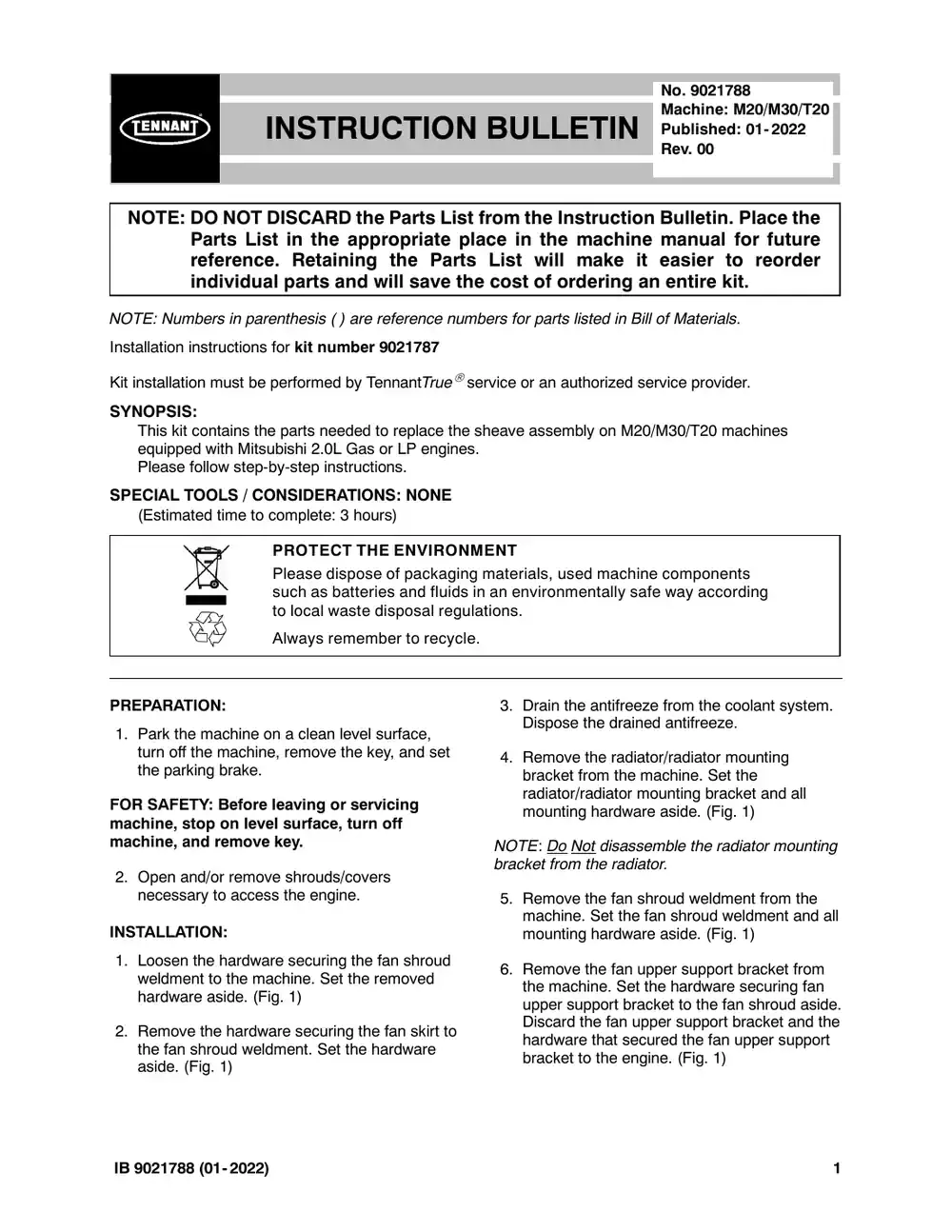 Tennant M20 instruction bulletin 9021788, page 1 of 5