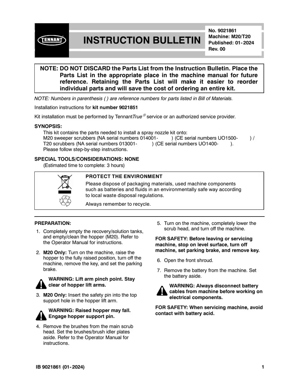 Tennant M20 instruction bulletin 9021861, page 1 of 11