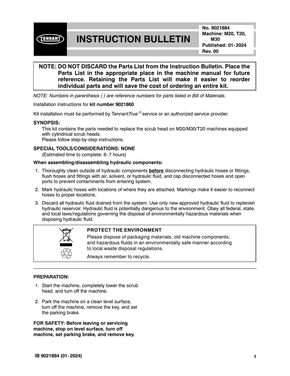 Tennant M20 instruction bulletin 9021884, page 1 of 11