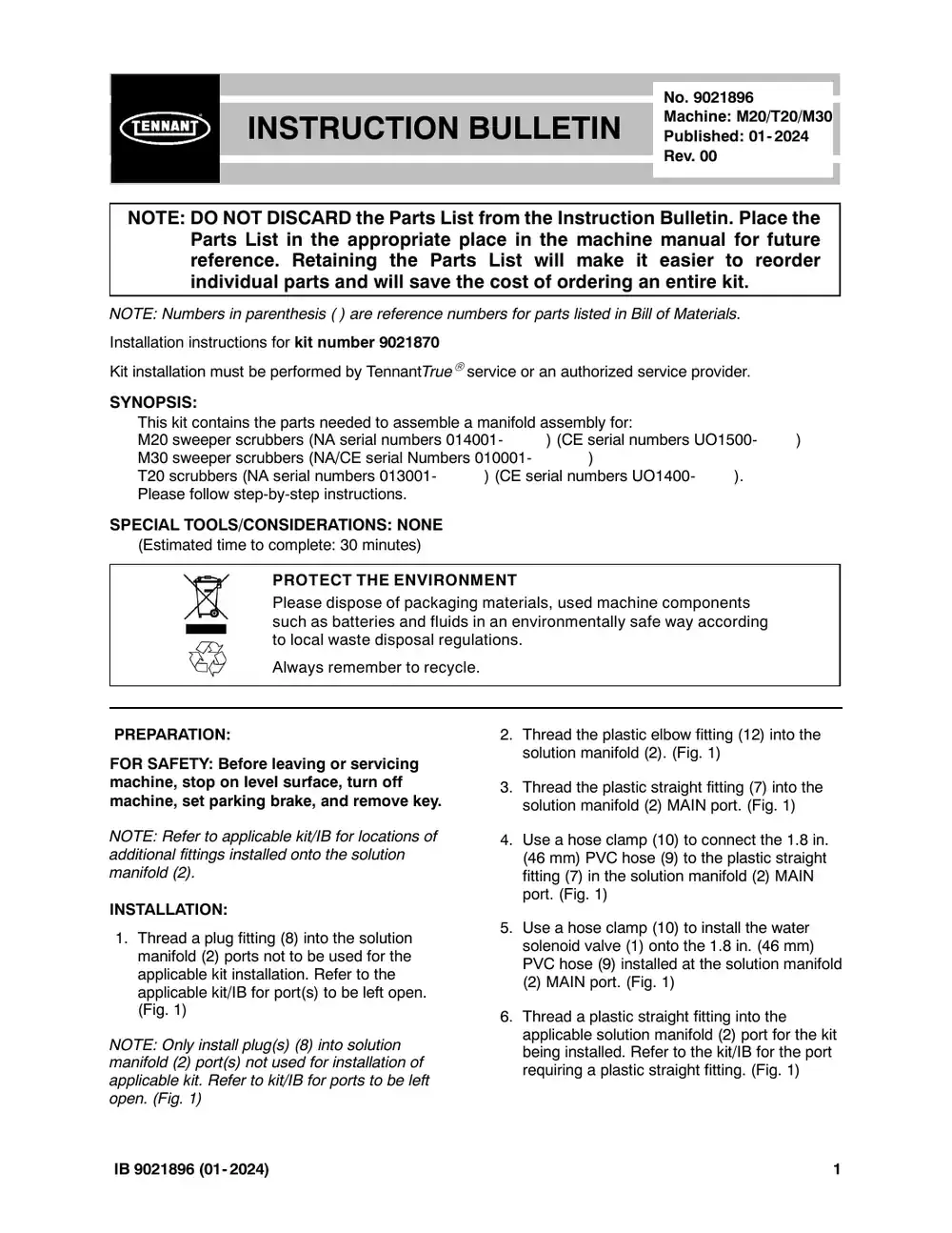 Tennant M20 instruction bulletin 9021896, page 1 of 3
