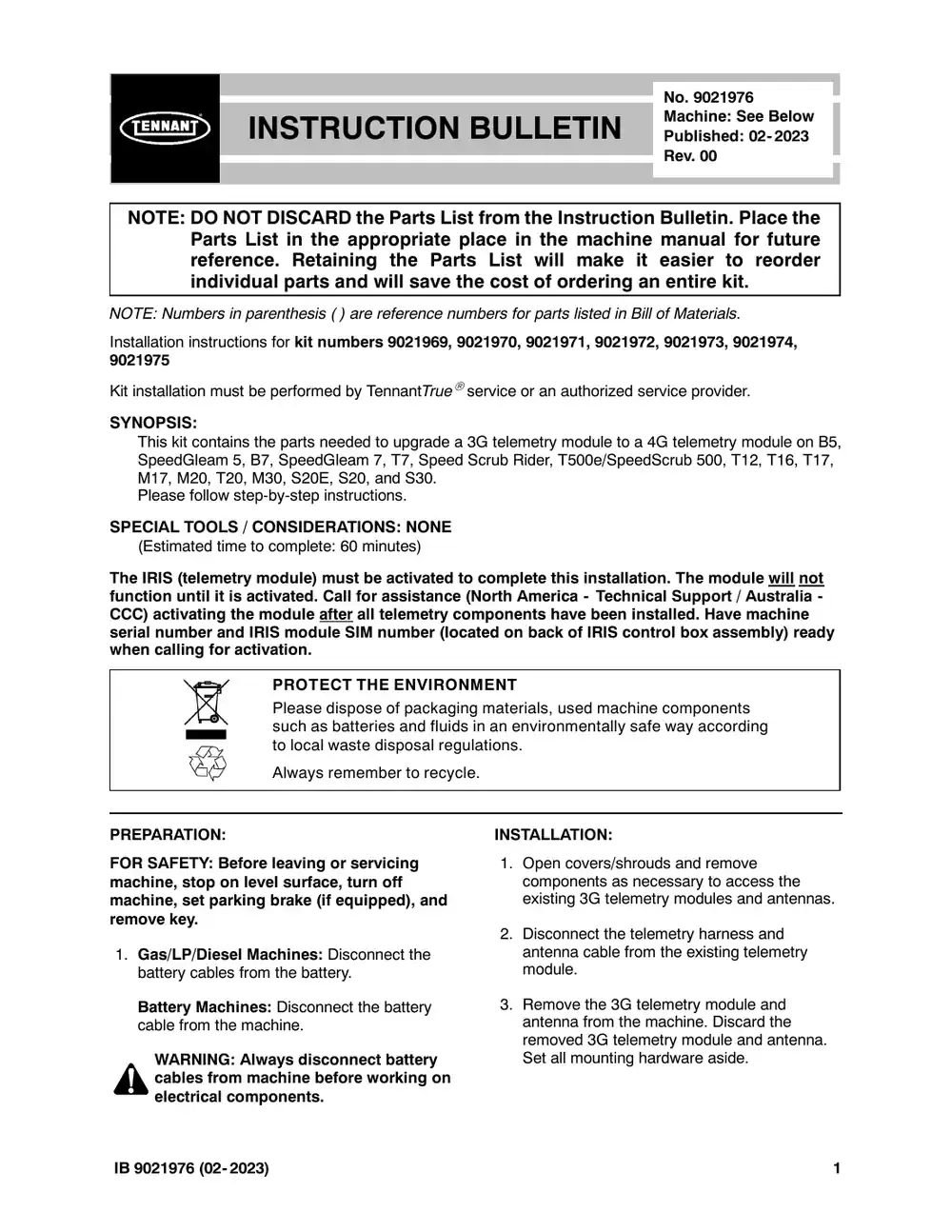 Tennant M20 instruction bulletin 9021976, page 1 of 12