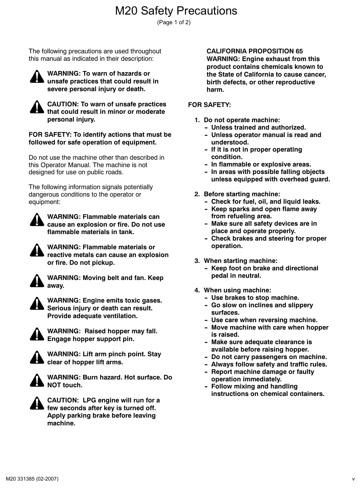 Tennant M20 service manual page v: Safety precautions