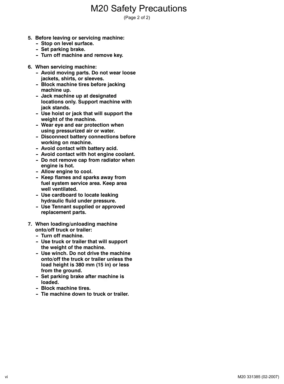 Tennant M20 service manual page vi: Safety precautions