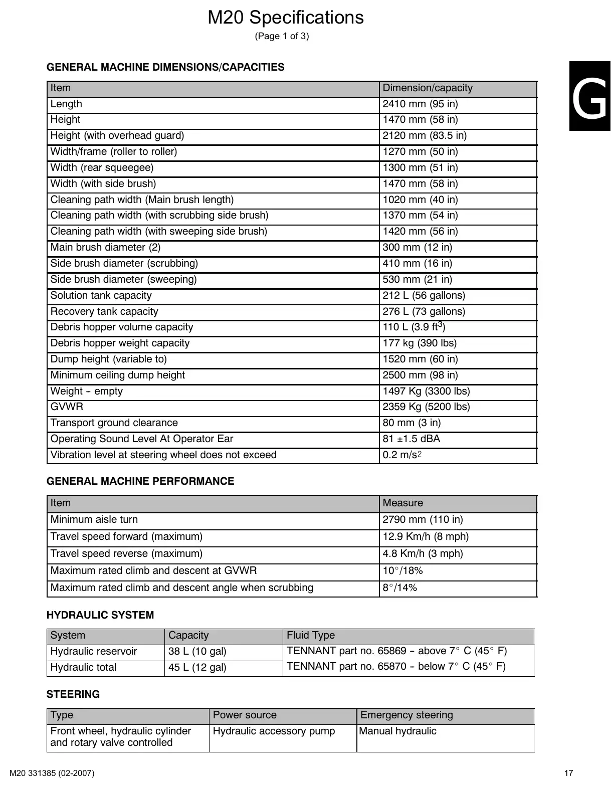 Tennant M20 service manual page 17: Specifications and machine dimensions