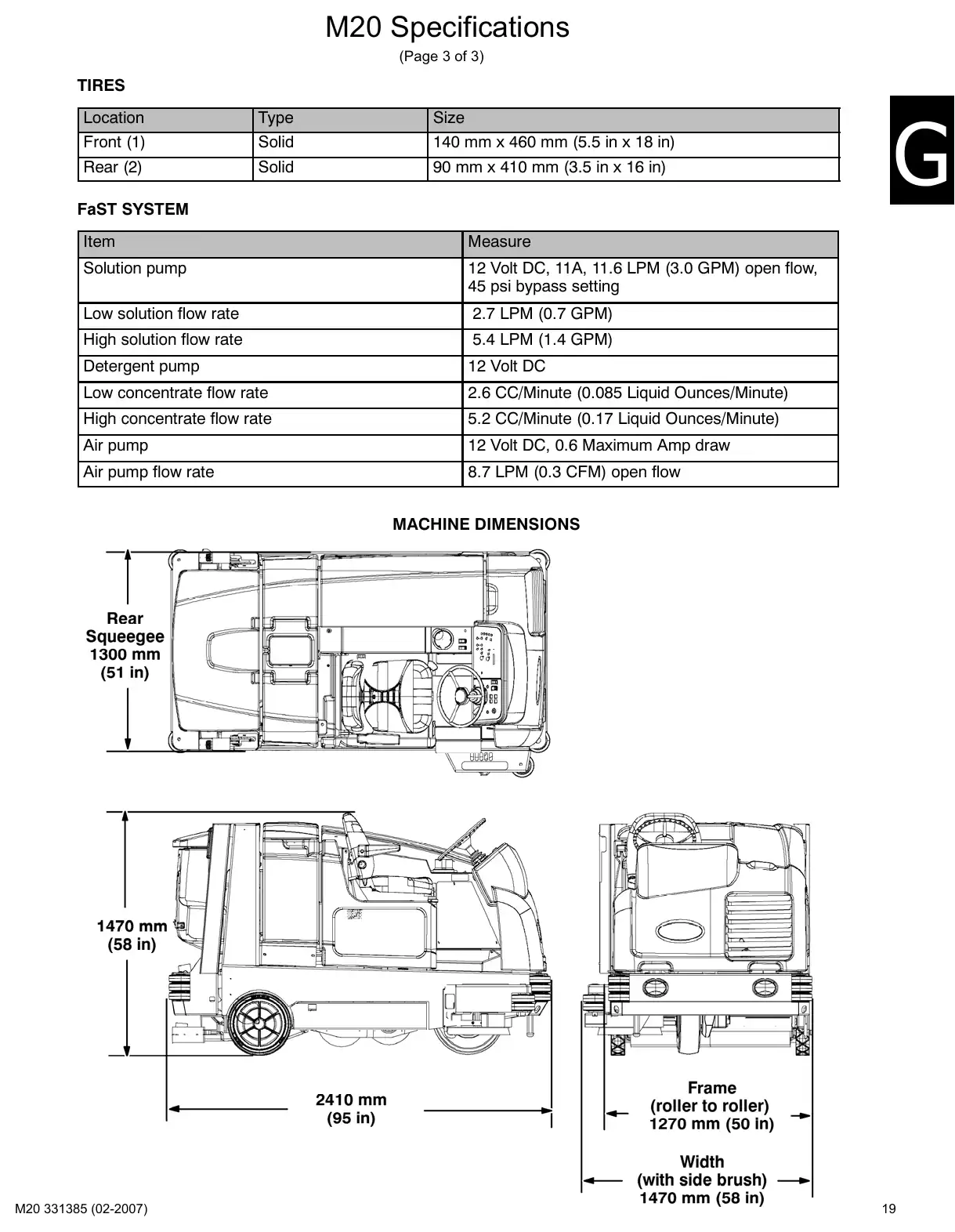 Tennant M20 service manual page 19: Specifications and machine dimensions