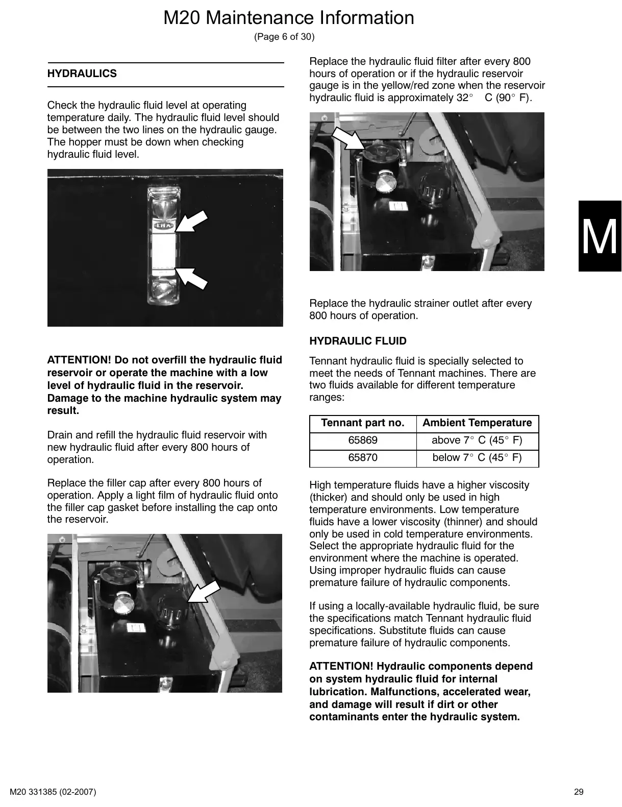 Tennant M20 service manual page 29: Hydraulics: fluid and hoses