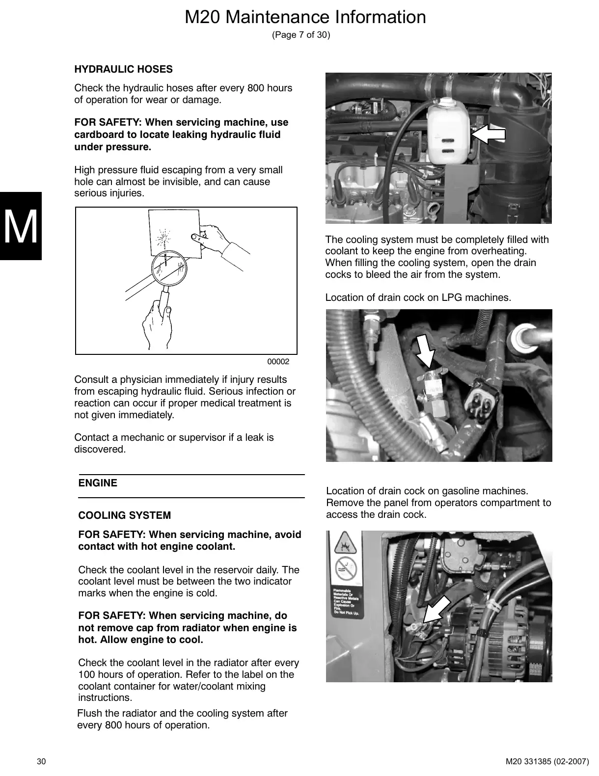 Tennant M20 service manual page 30: Engine: oil, cooling, air and fuel filters, belts, spark plugs