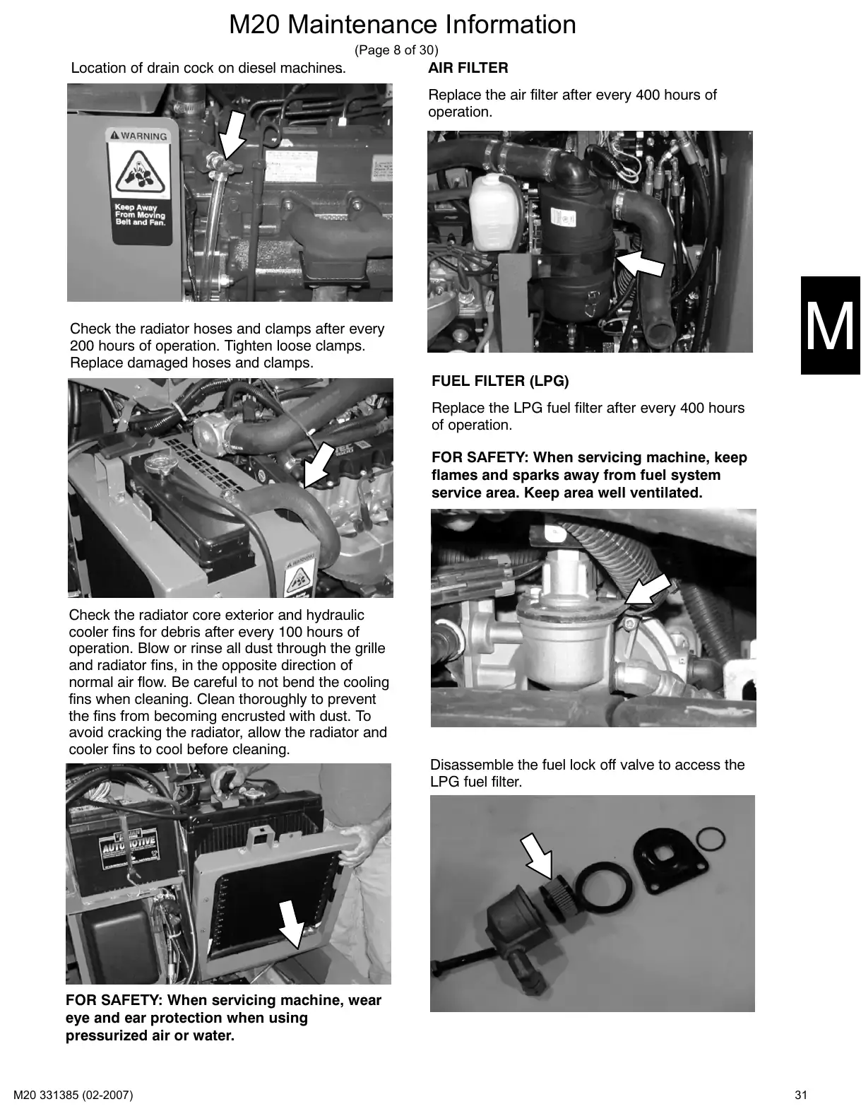 Tennant M20 service manual page 31: Engine: oil, cooling, air and fuel filters, belts, spark plugs