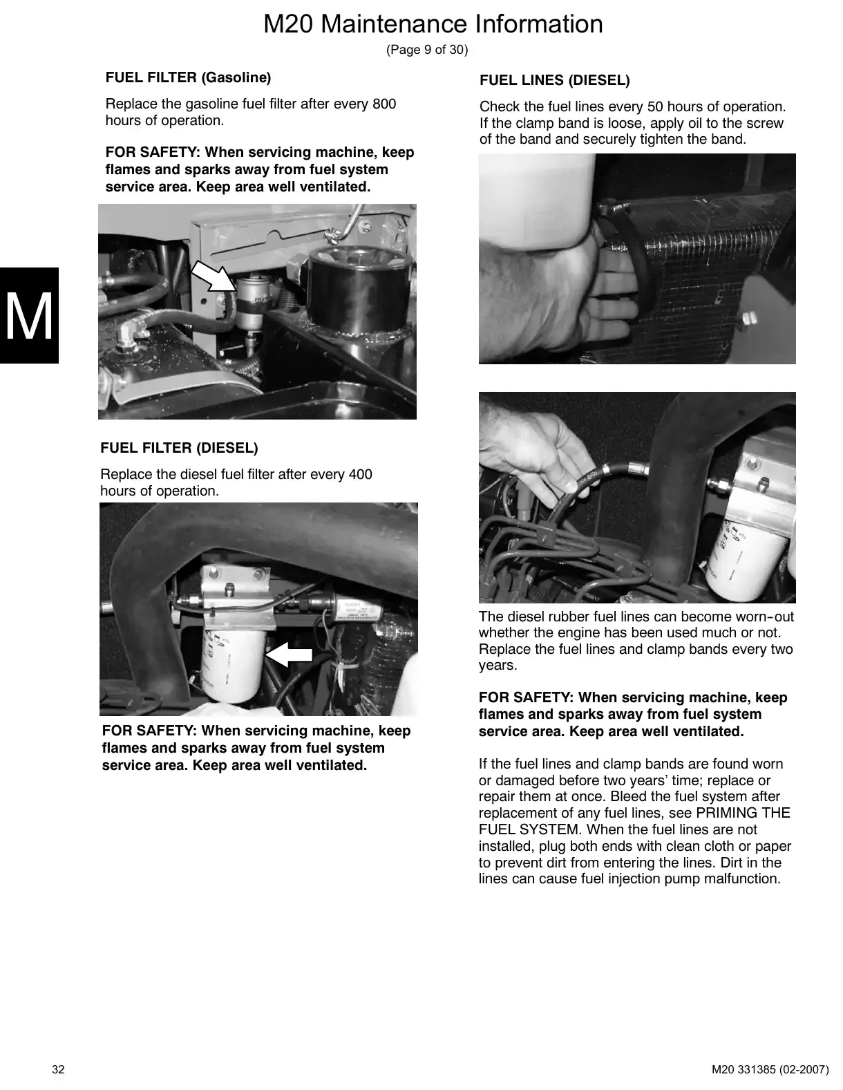 Tennant M20 service manual page 32: Engine: oil, cooling, air and fuel filters, belts, spark plugs