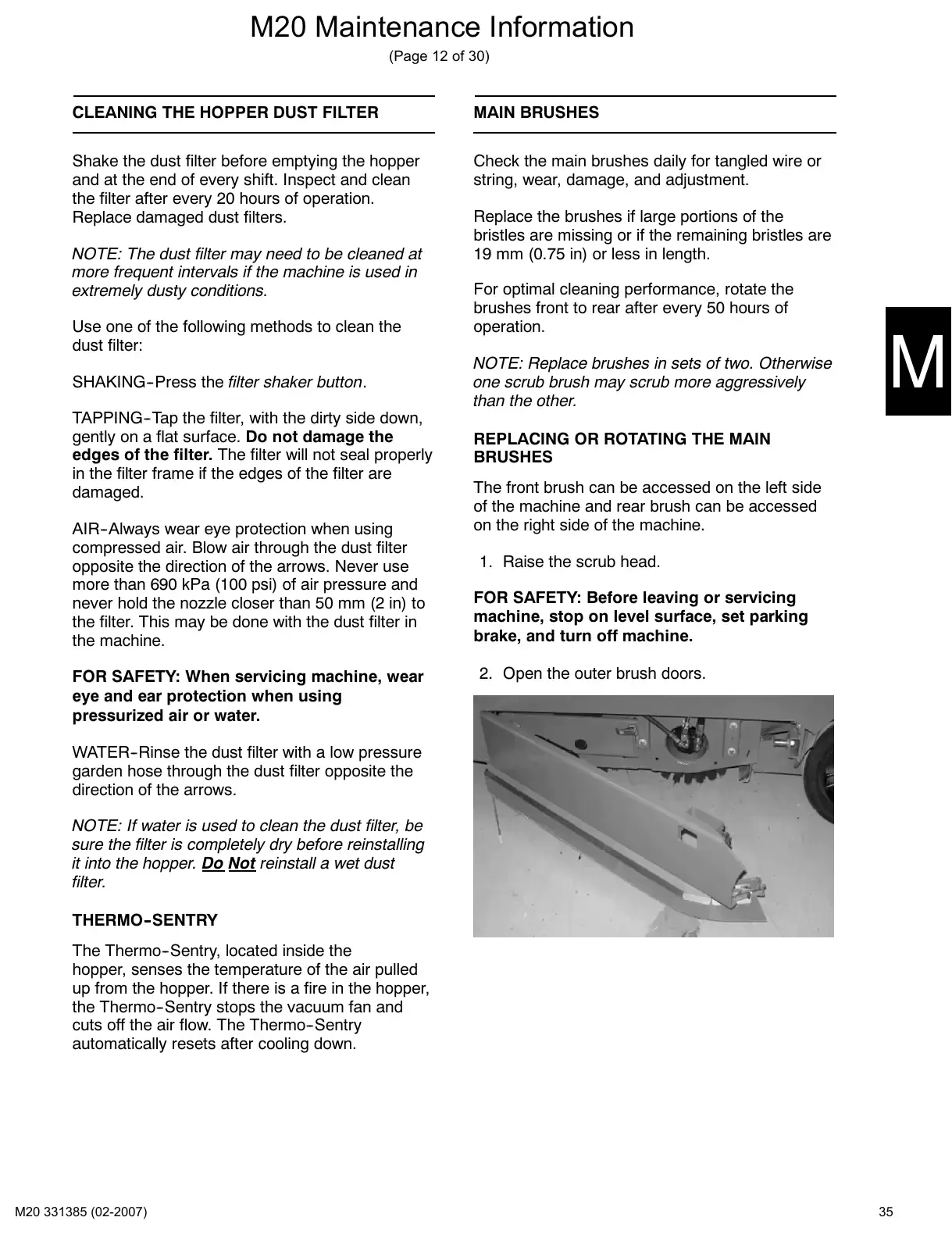 Tennant M20 service manual page 35: Hopper dust filter and main brushes