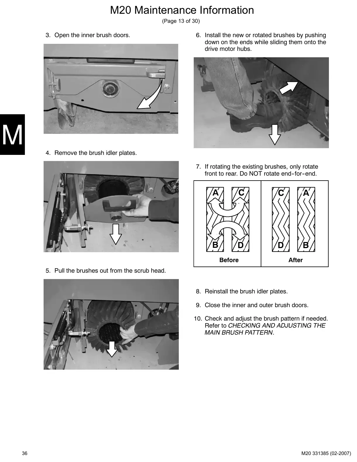 Tennant M20 service manual page 36: Hopper dust filter and main brushes