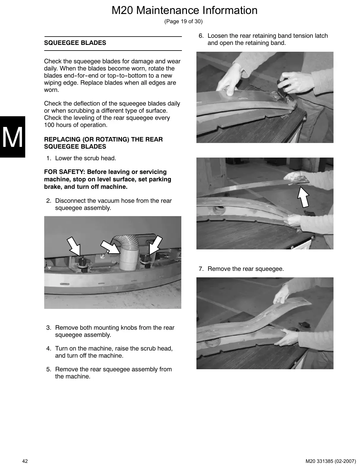 Tennant M20 service manual page 42: Squeegee blades: replace, rotate, level and adjust