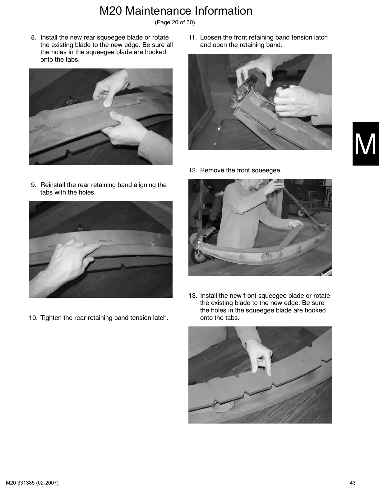 Tennant M20 service manual page 43: Squeegee blades: replace, rotate, level and adjust