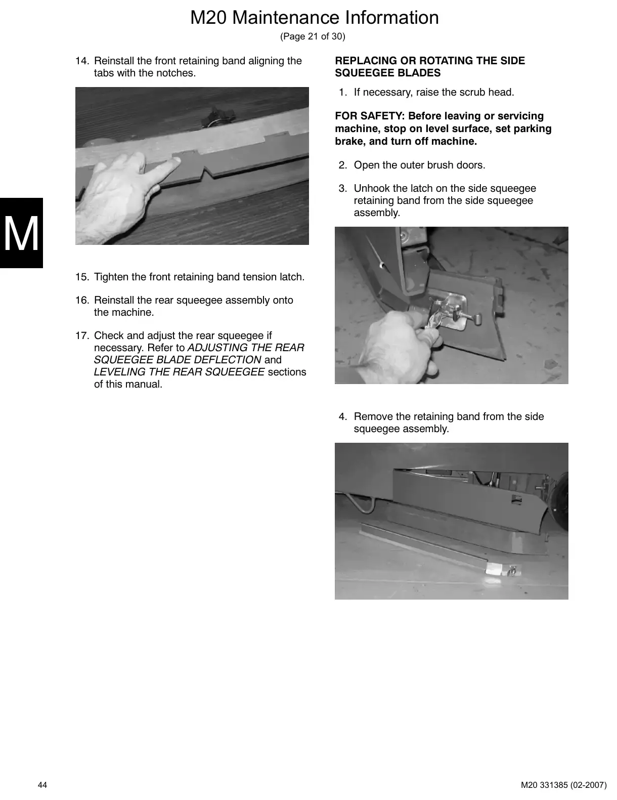 Tennant M20 service manual page 44: Squeegee blades: replace, rotate, level and adjust