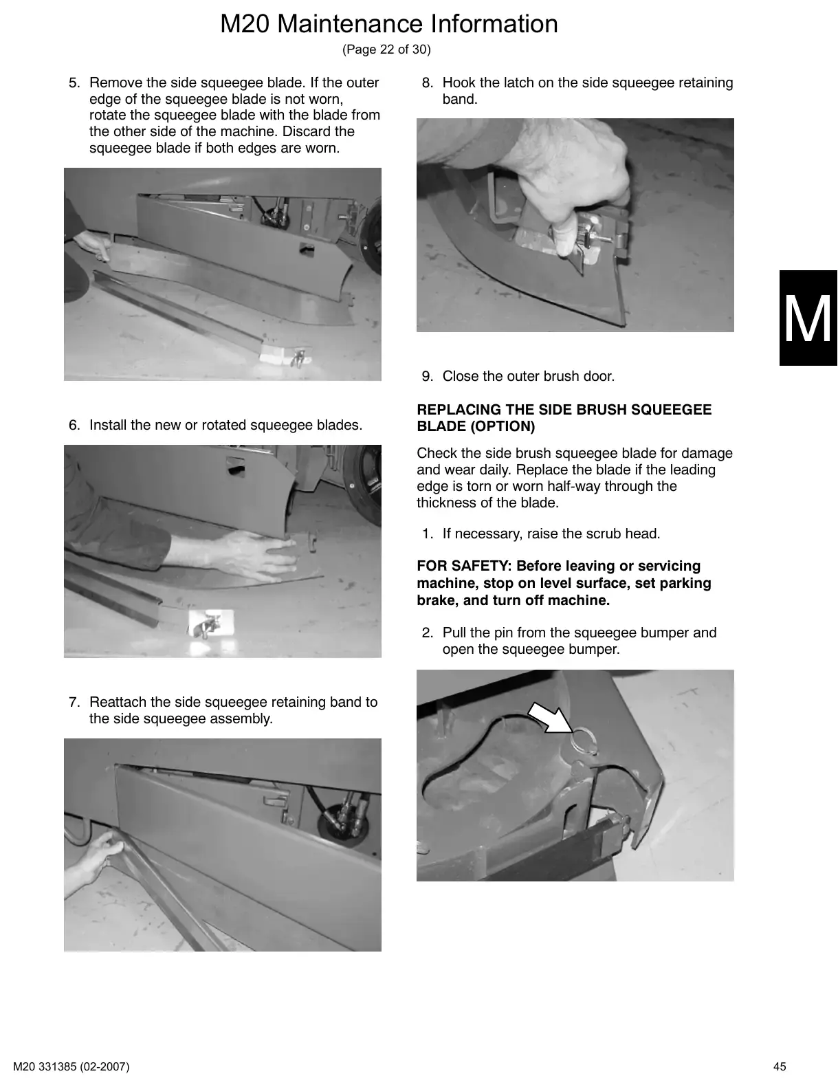 Tennant M20 service manual page 45: Squeegee blades: replace, rotate, level and adjust