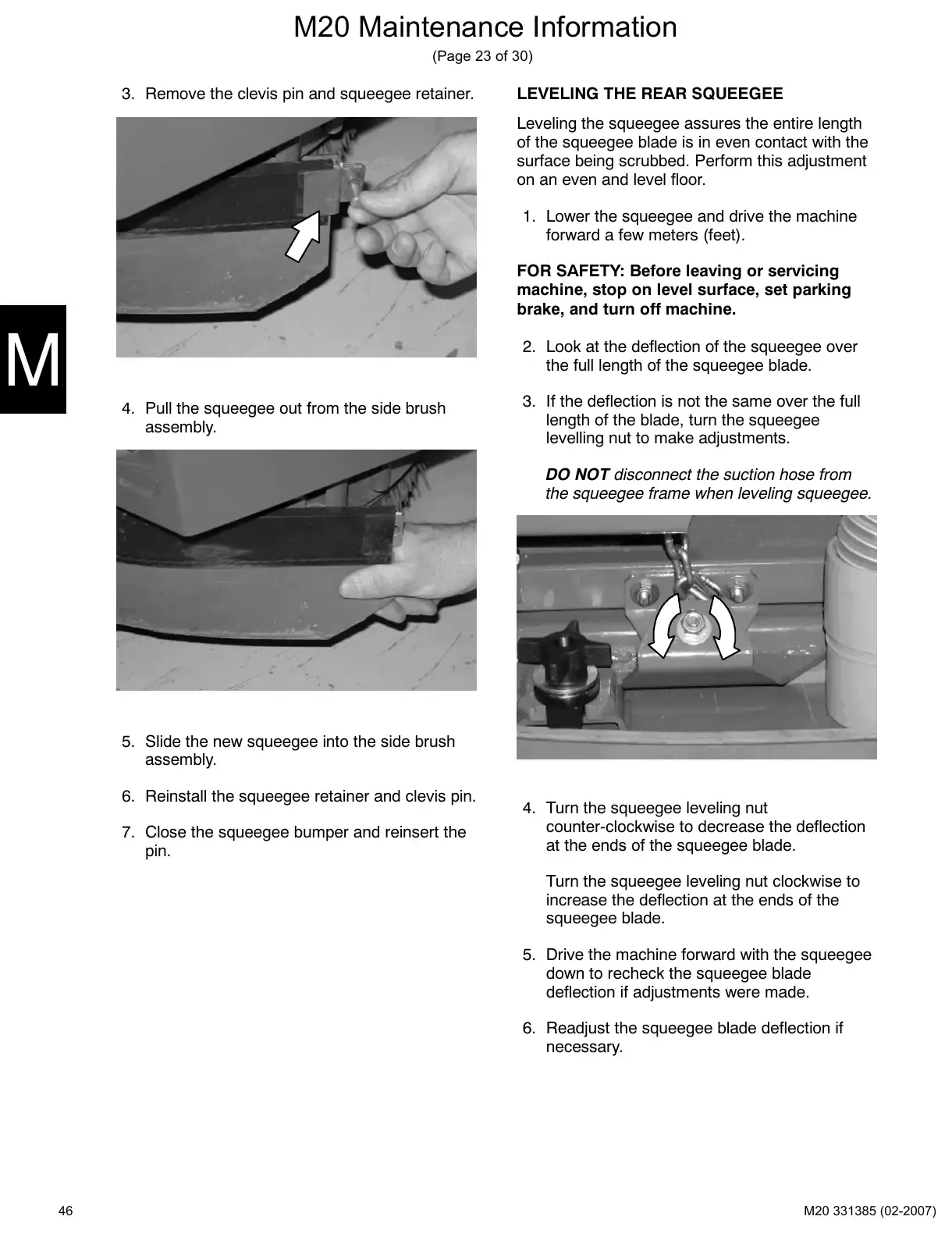 Tennant M20 service manual page 46: Squeegee blades: replace, rotate, level and adjust