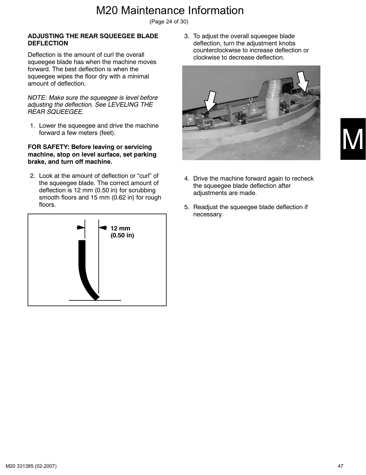 Tennant M20 service manual page 47: Squeegee blades: replace, rotate, level and adjust