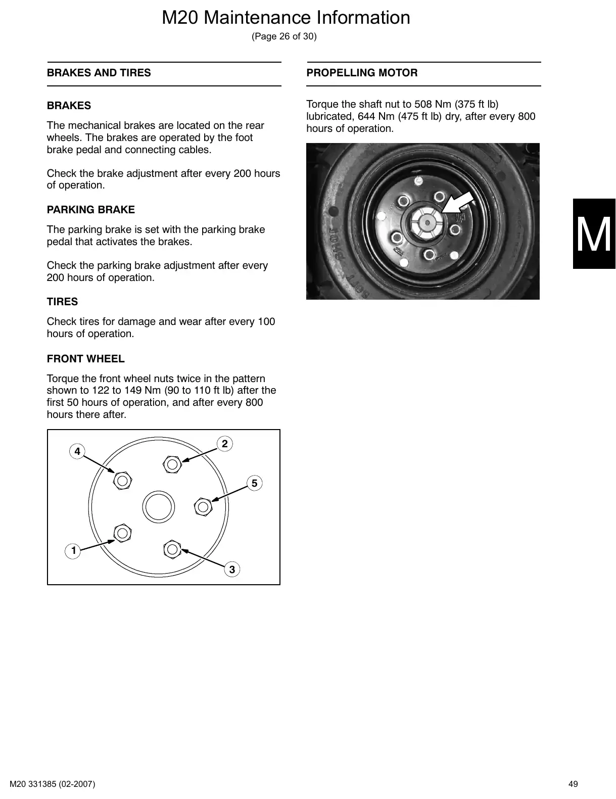 Tennant M20 service manual page 49: Brakes, tires and propelling motor