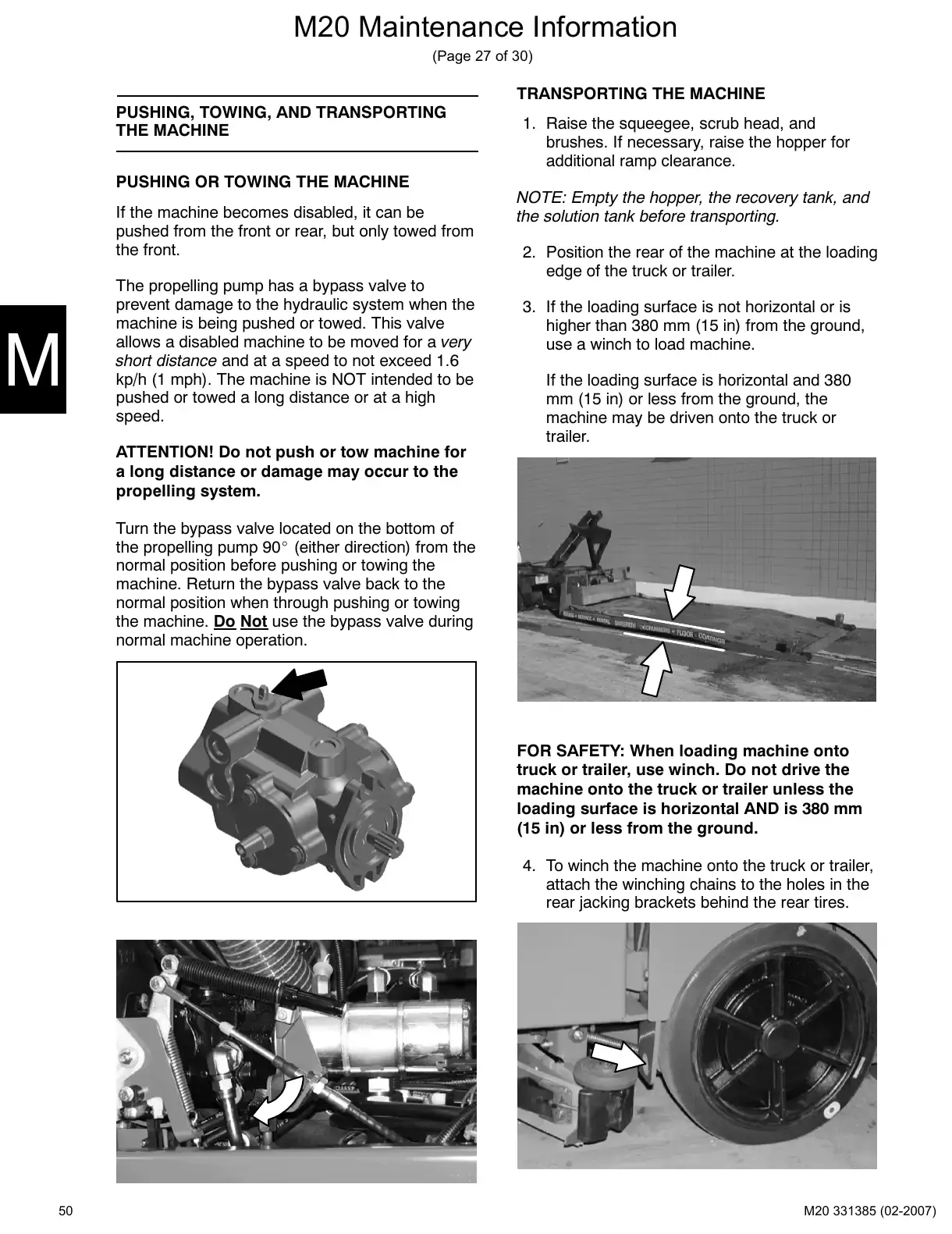 Tennant M20 service manual page 50: Pushing, towing and transporting