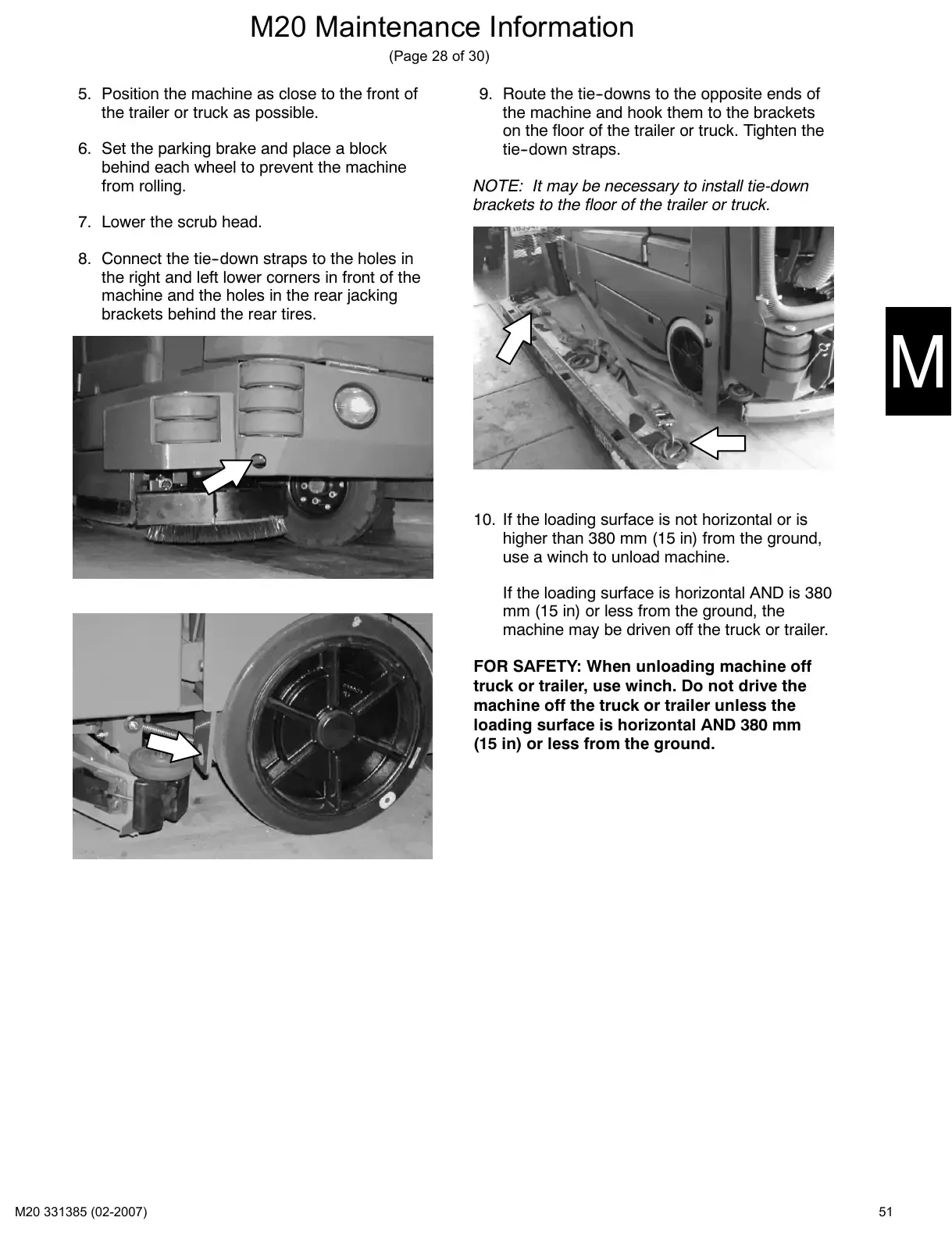 Tennant M20 service manual page 51: Pushing, towing and transporting