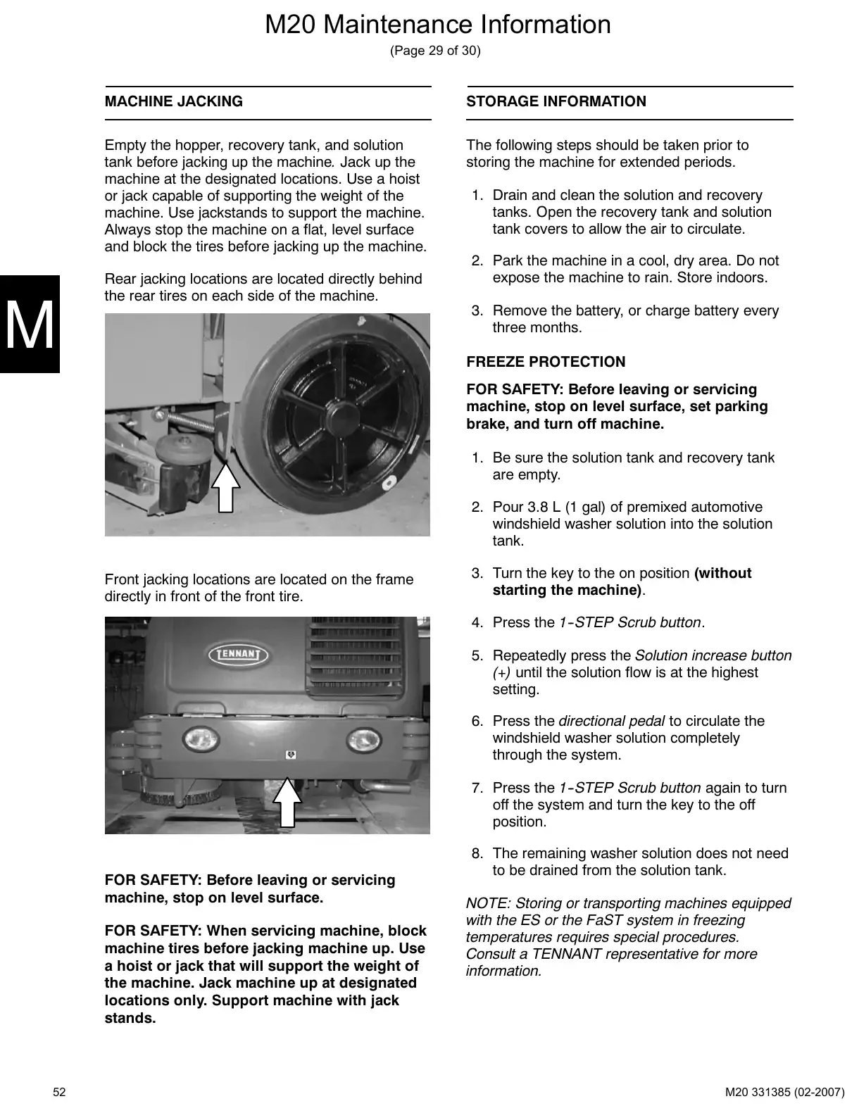 Tennant M20 service manual page 52: Machine jacking and storage