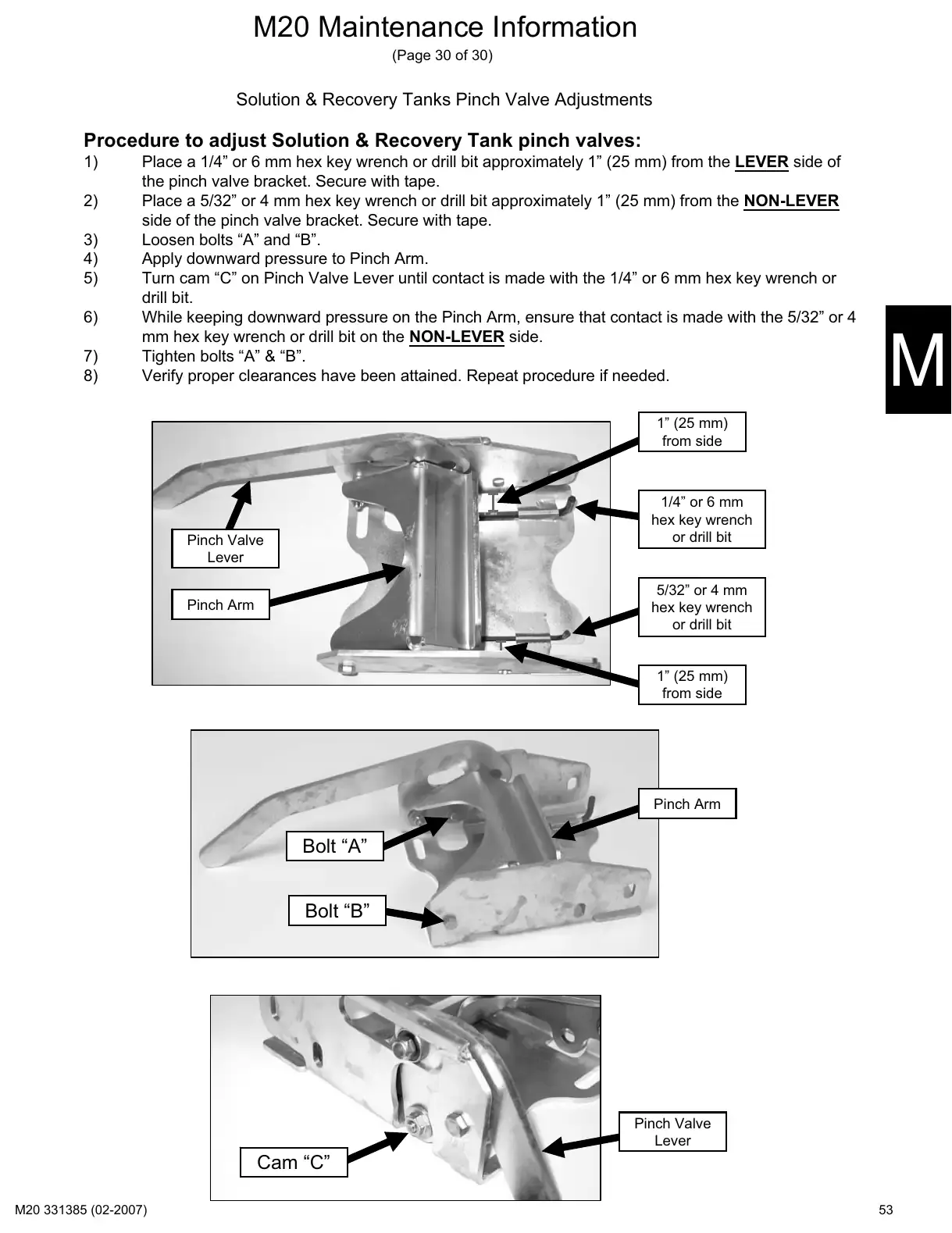 Tennant M20 service manual page 53: Pinch valve adjustment