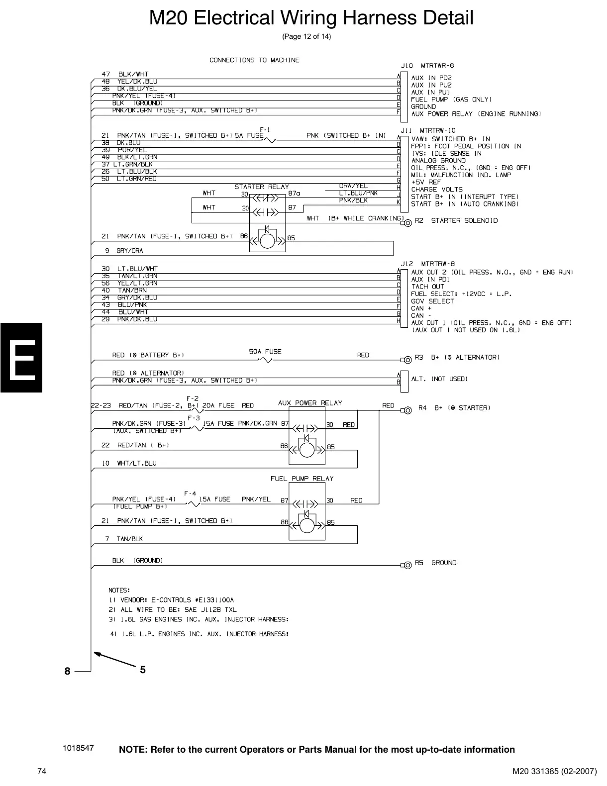 Tennant M20 service manual page 74: Gas/LPG engine wiring