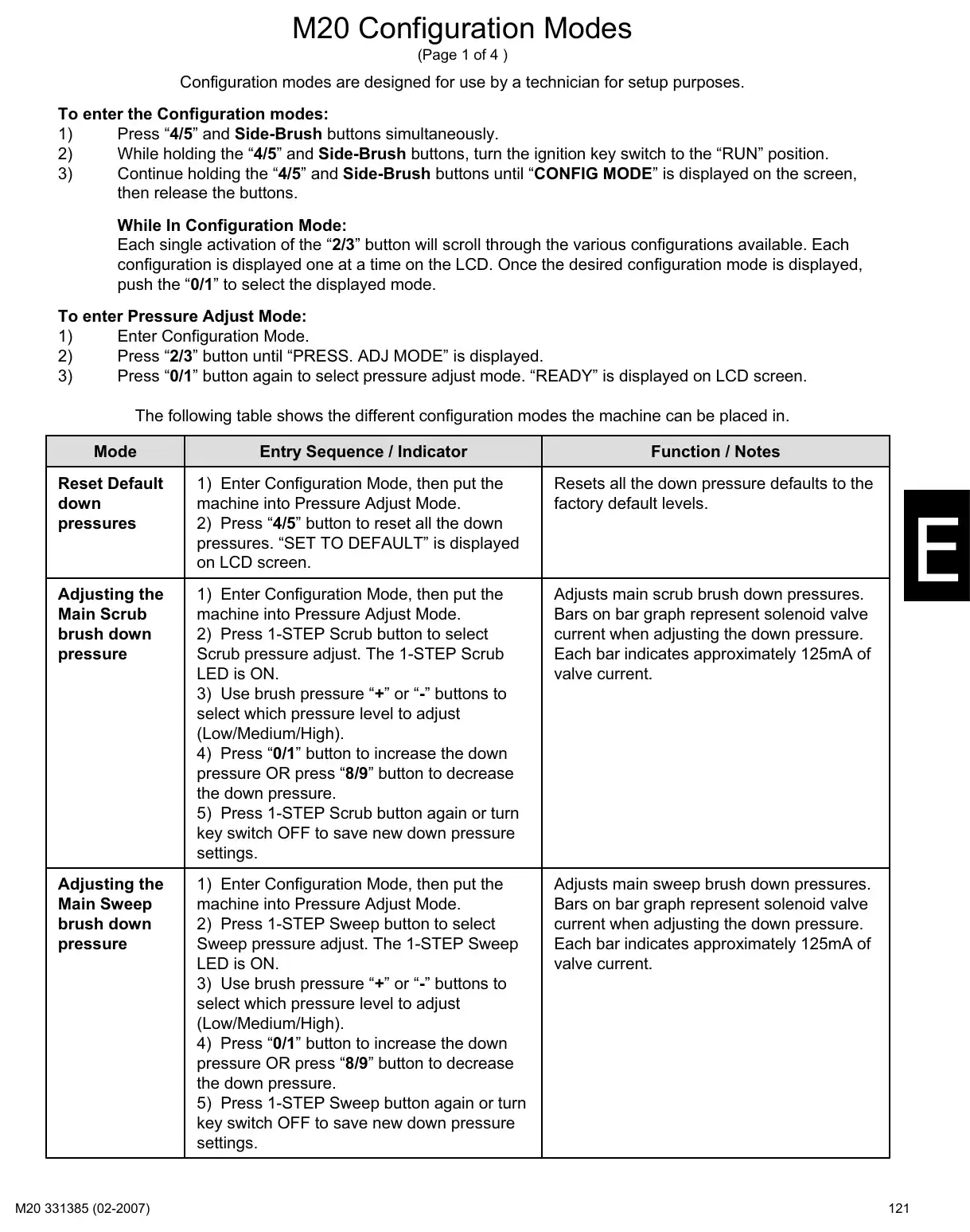 Tennant M20 service manual page 121: Configuration and diagnostic modes