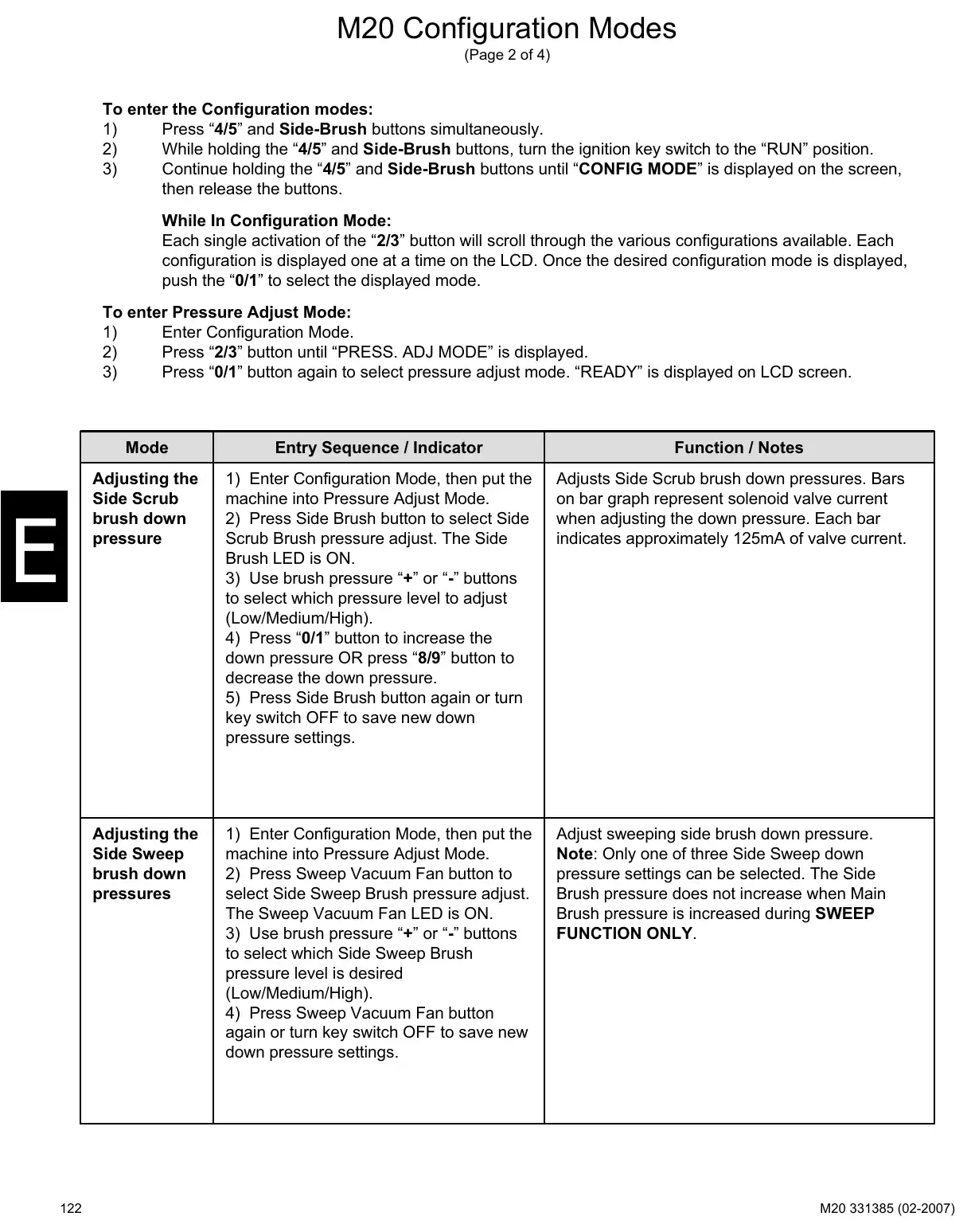 Tennant M20 service manual page 122: Configuration and diagnostic modes