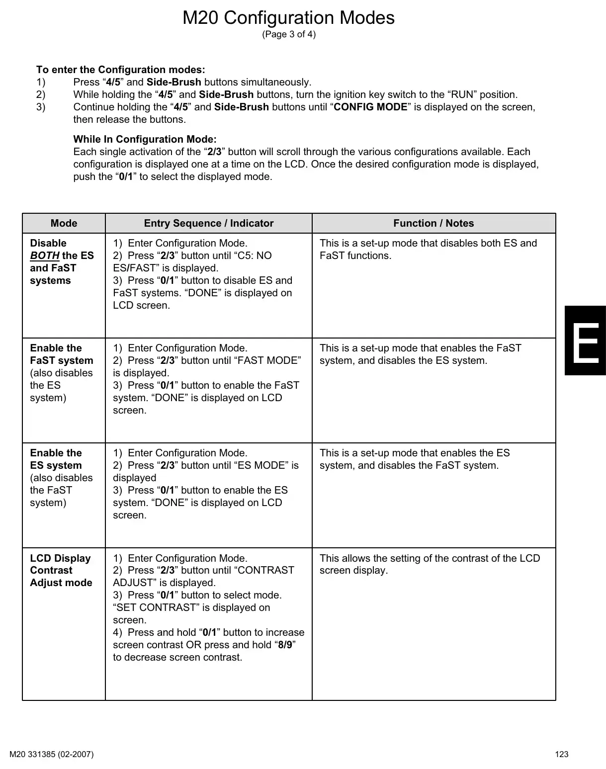 Tennant M20 service manual page 123: Configuration and diagnostic modes