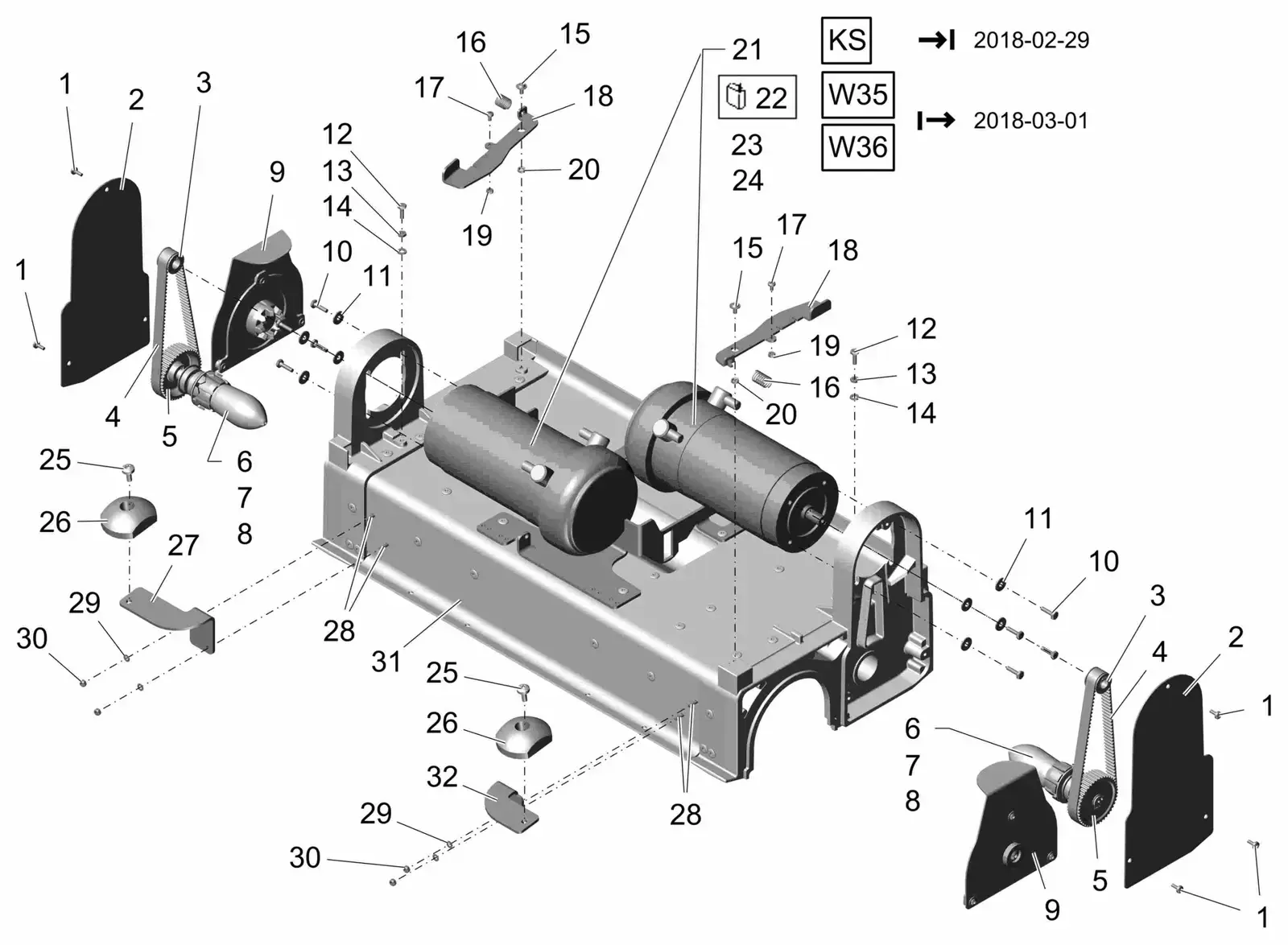 PowerBoss Scrubmaster B120R cylindrical brush head 700, part 1 drawing, manual page 28C p49