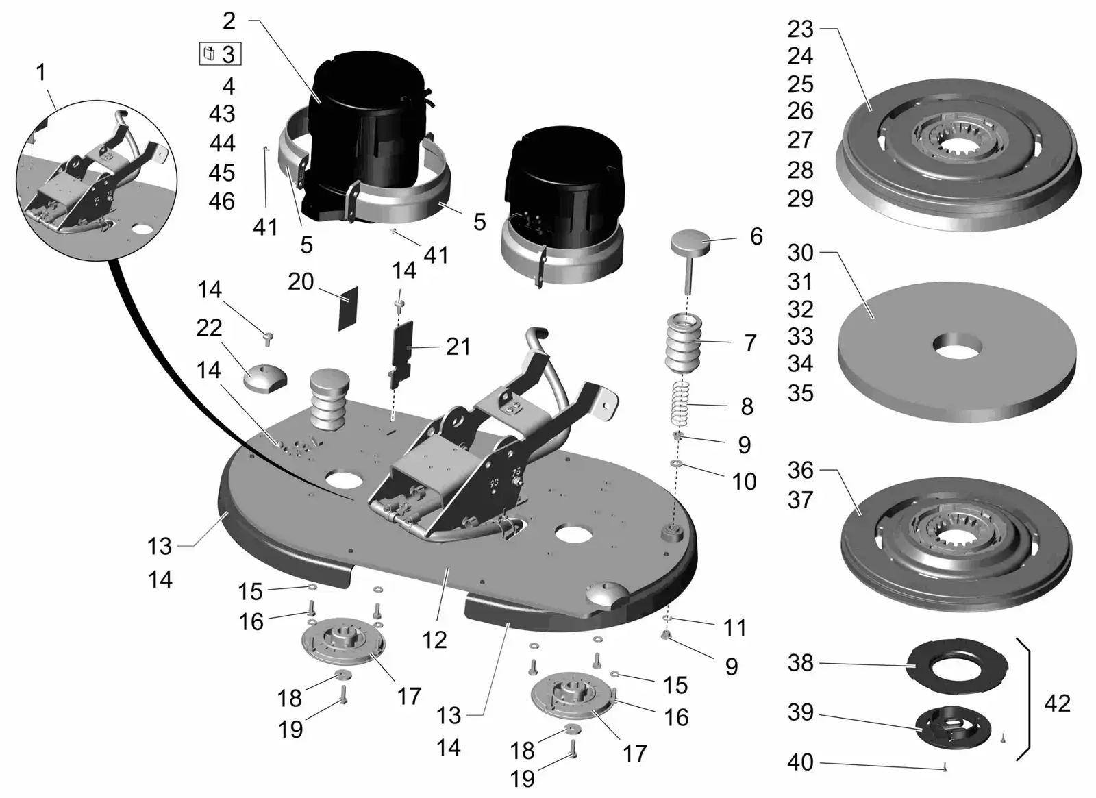 PowerBoss Scrubmaster B120R disk brush head 750 drawing, manual page 30D p31