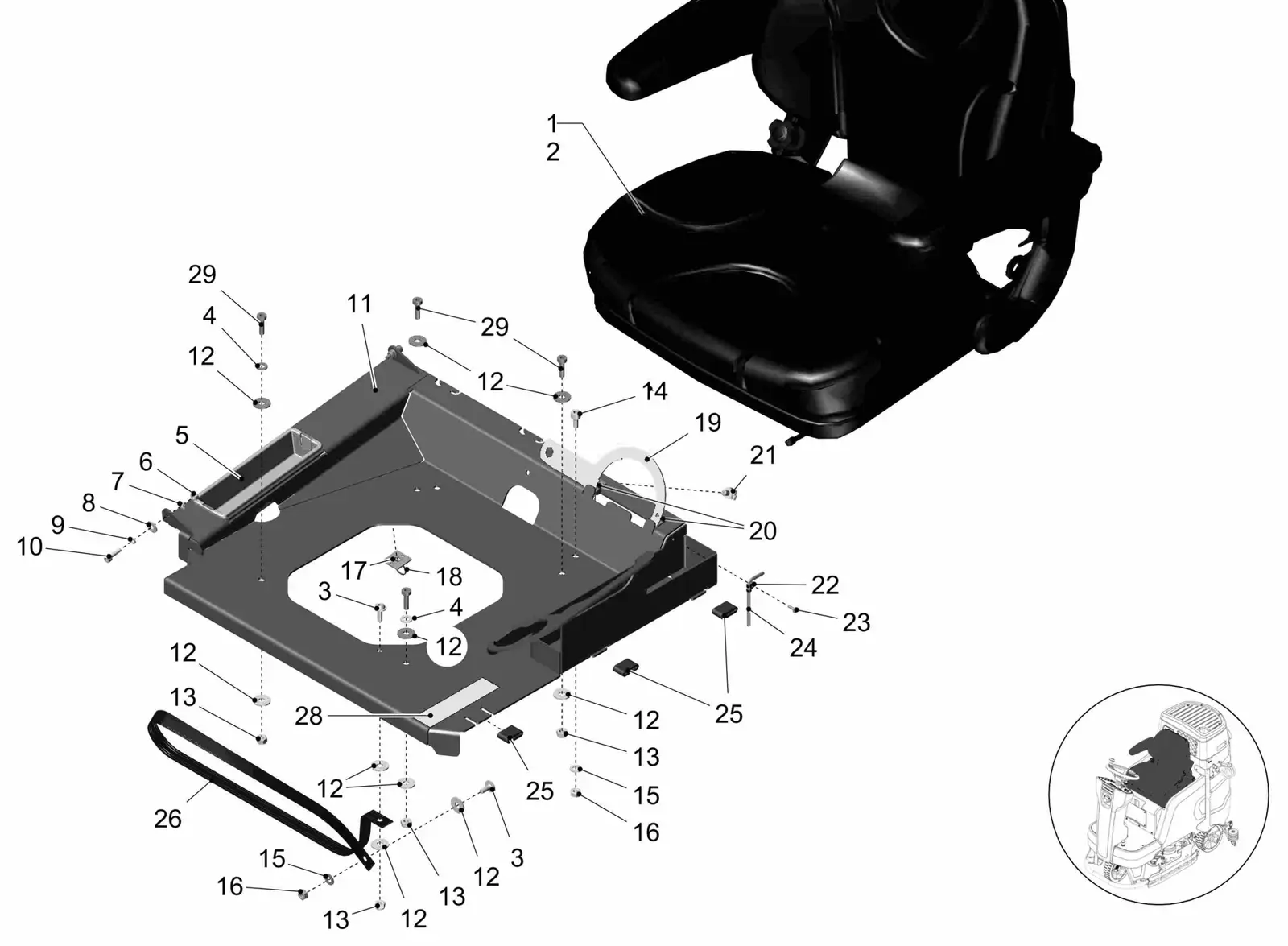 PowerBoss Scrubmaster B120R seat group drawing, manual page 28C p32