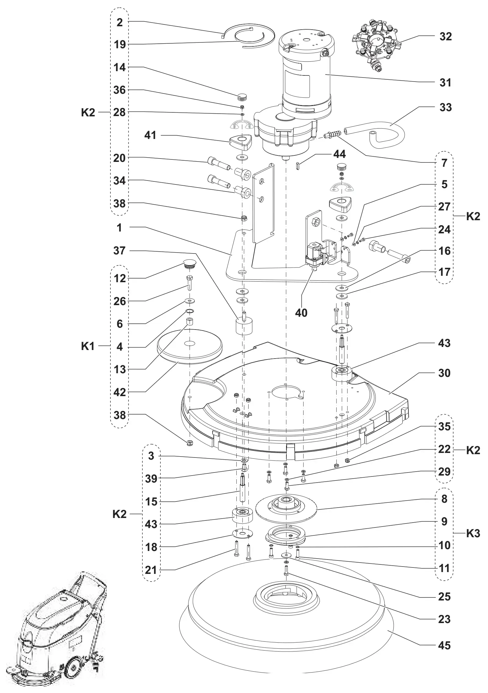 Exploded view of the Advance SC450 brush deck with numbered item callouts