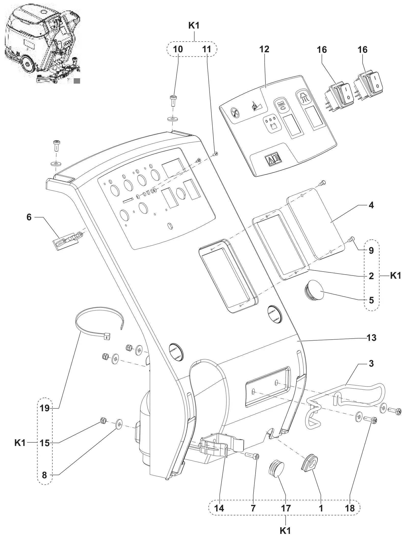 Exploded view of the Advance SC450 control panel with numbered item callouts