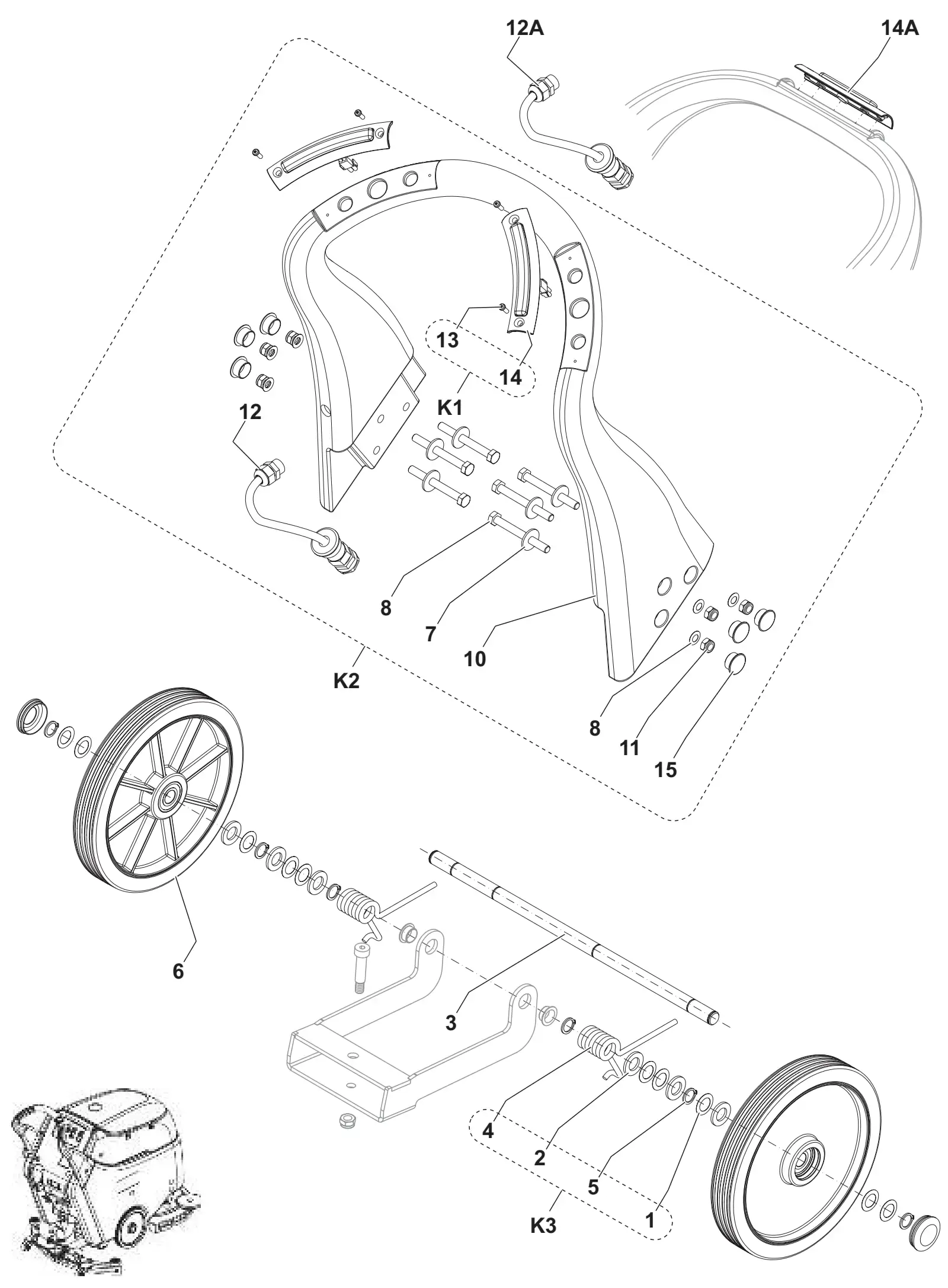 Exploded view of the Advance SC450 handle bar and wheels with numbered item callouts
