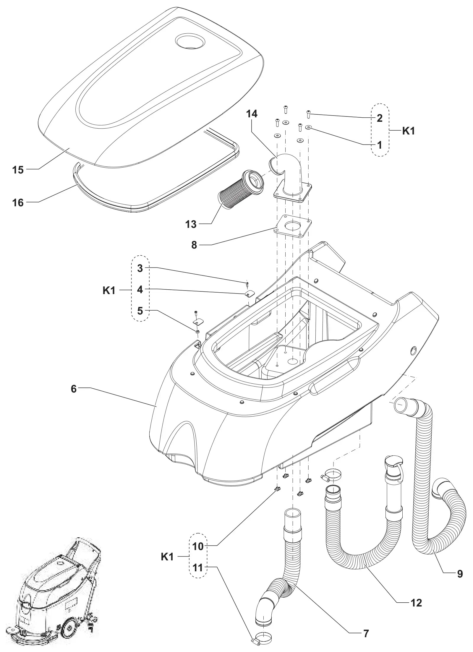 Exploded view of the Advance SC450 recovery tank with numbered item callouts