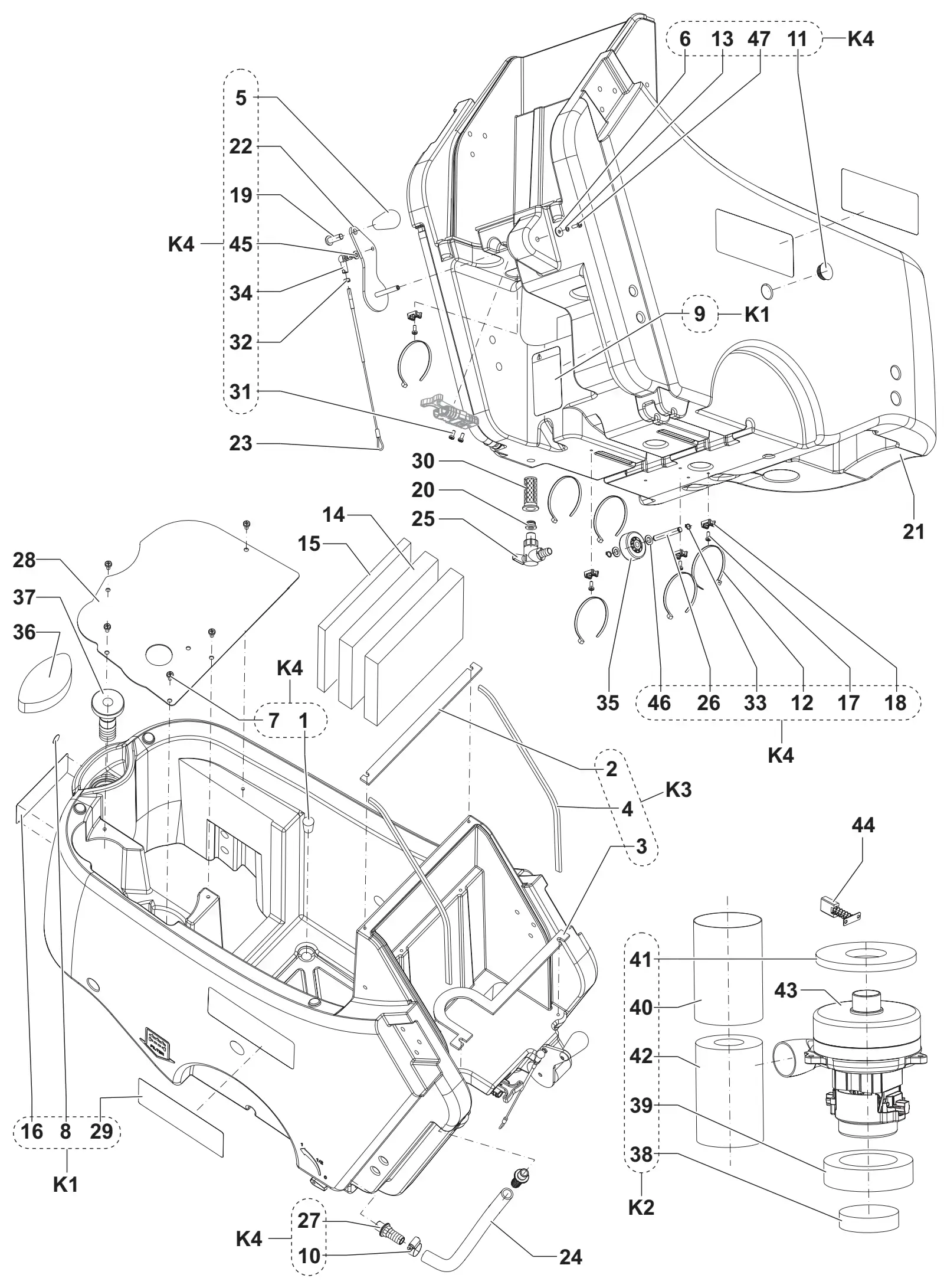 Exploded view of the Advance SC450 solution tank with numbered item callouts