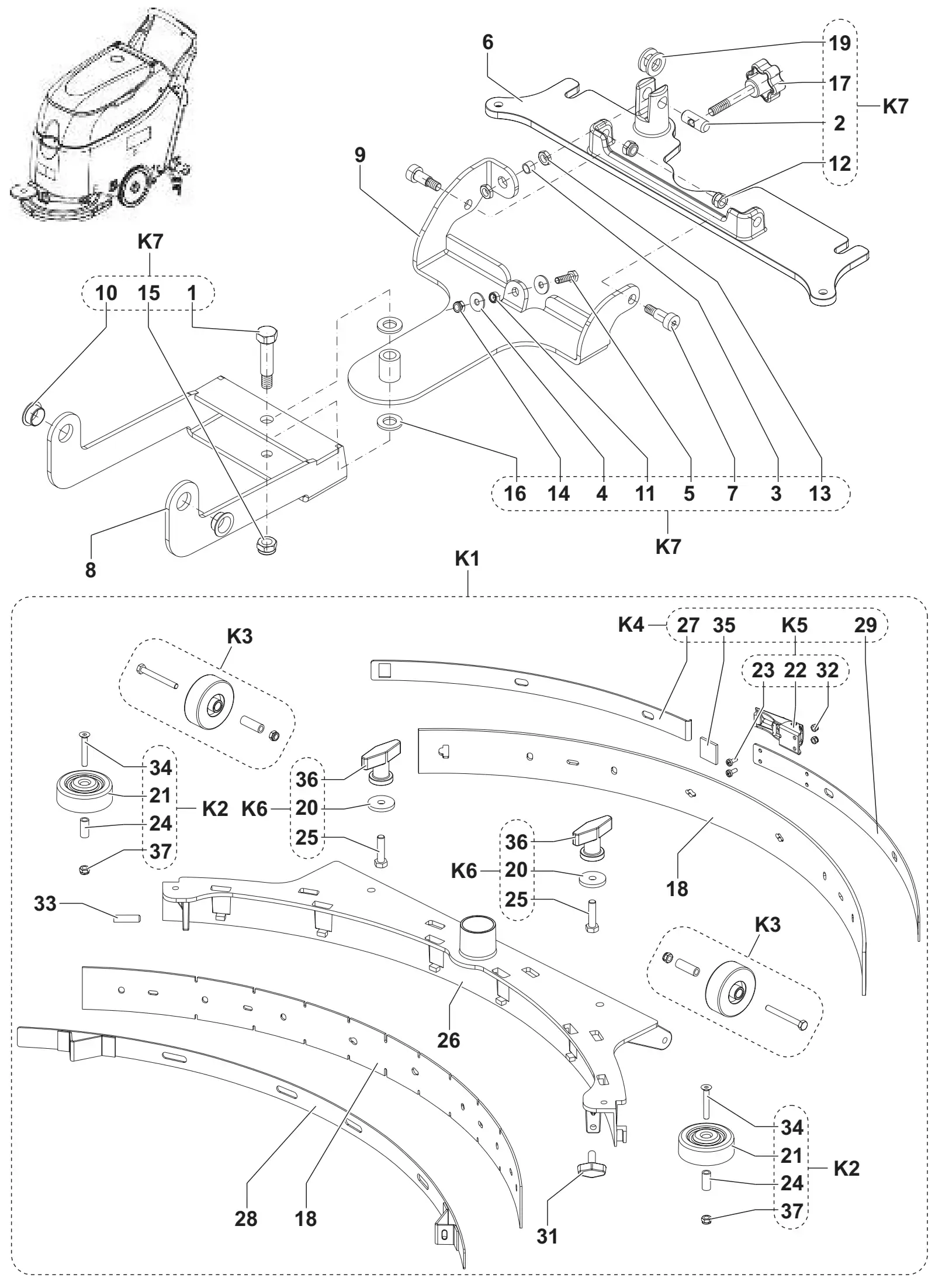 Exploded view of the Advance SC450 squeegee system with numbered item callouts