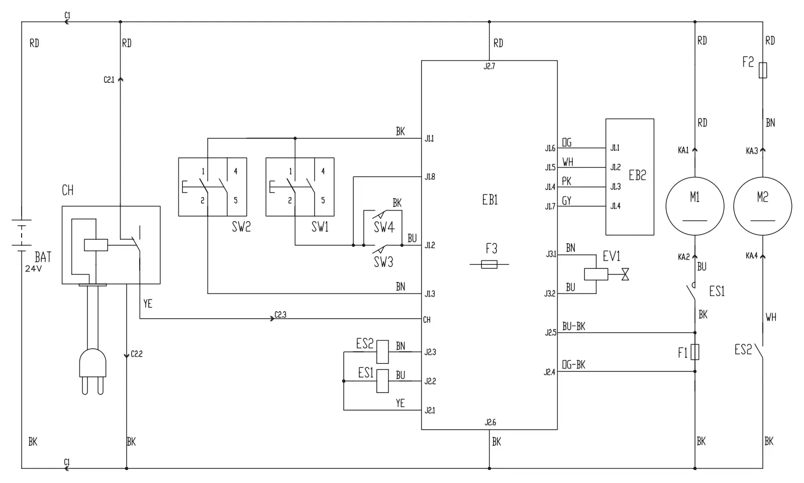 Advance SC450 24 volt wiring diagram showing batteries, charger CH, main board EB1, LED board EB2, motors M1 and M2, switches, fuses F1 to F3 and connectors C1 and C2