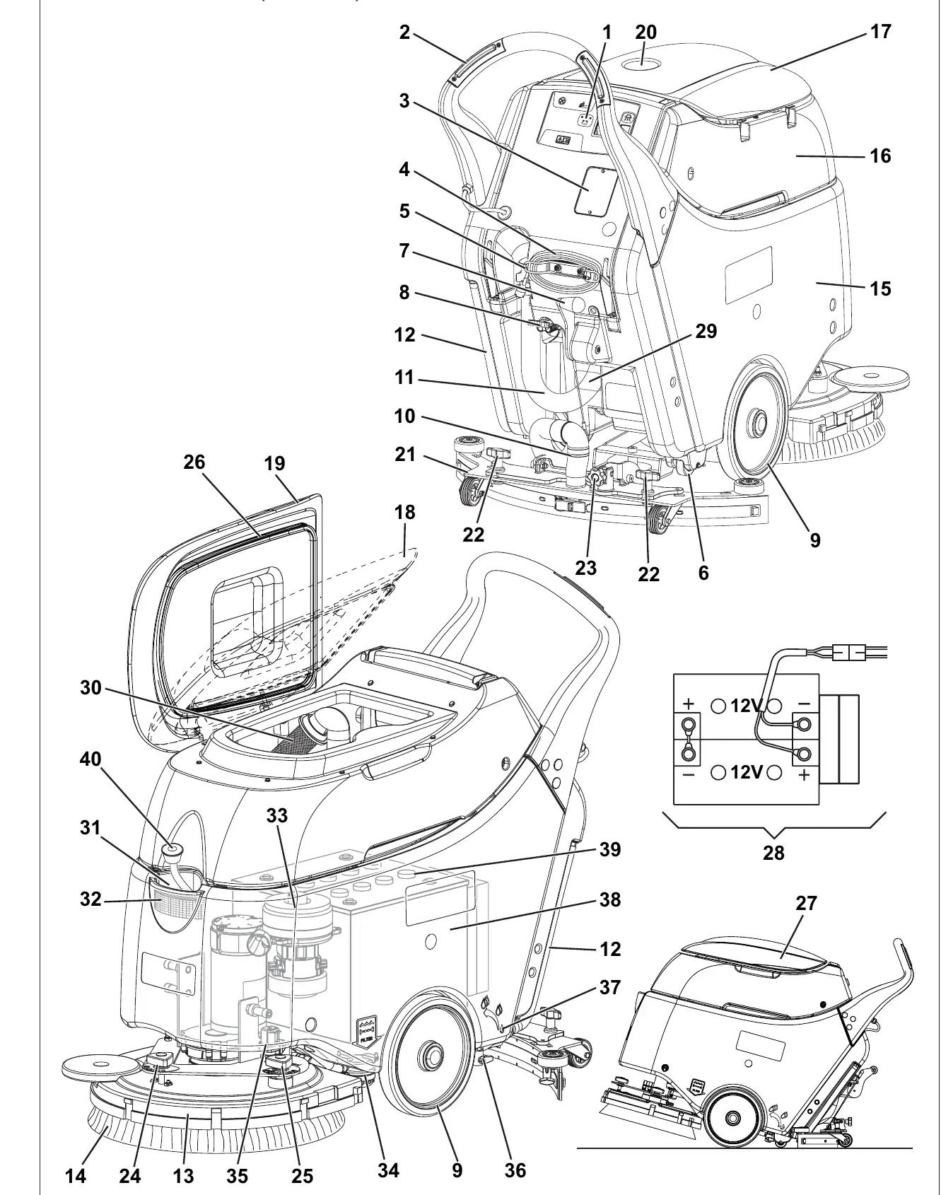 Advance SC450 machine overview with 40 numbered components