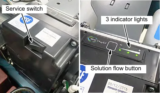 Service switch and the three solution flow indicator lights, and the solution flow button on the ec-H2O module