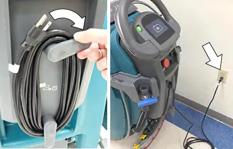 Plugging the on-board battery charger power cord into a wall outlet